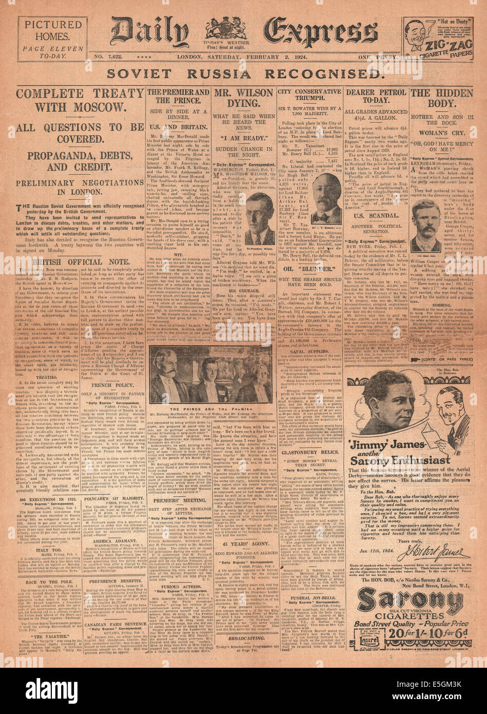 1924 Daily Express front page reporting the British Government officially recognises Soviet