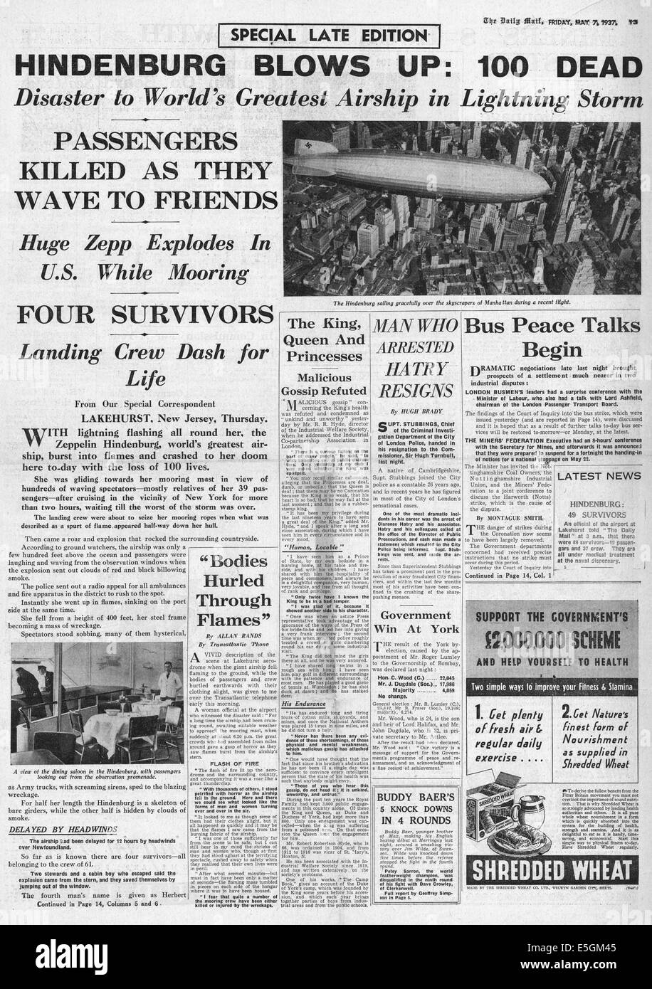 1937 Daily Mail page 13 reporting the Hindenburg zeppelin disaster at Lakehurst, New Jersey Stock Photo