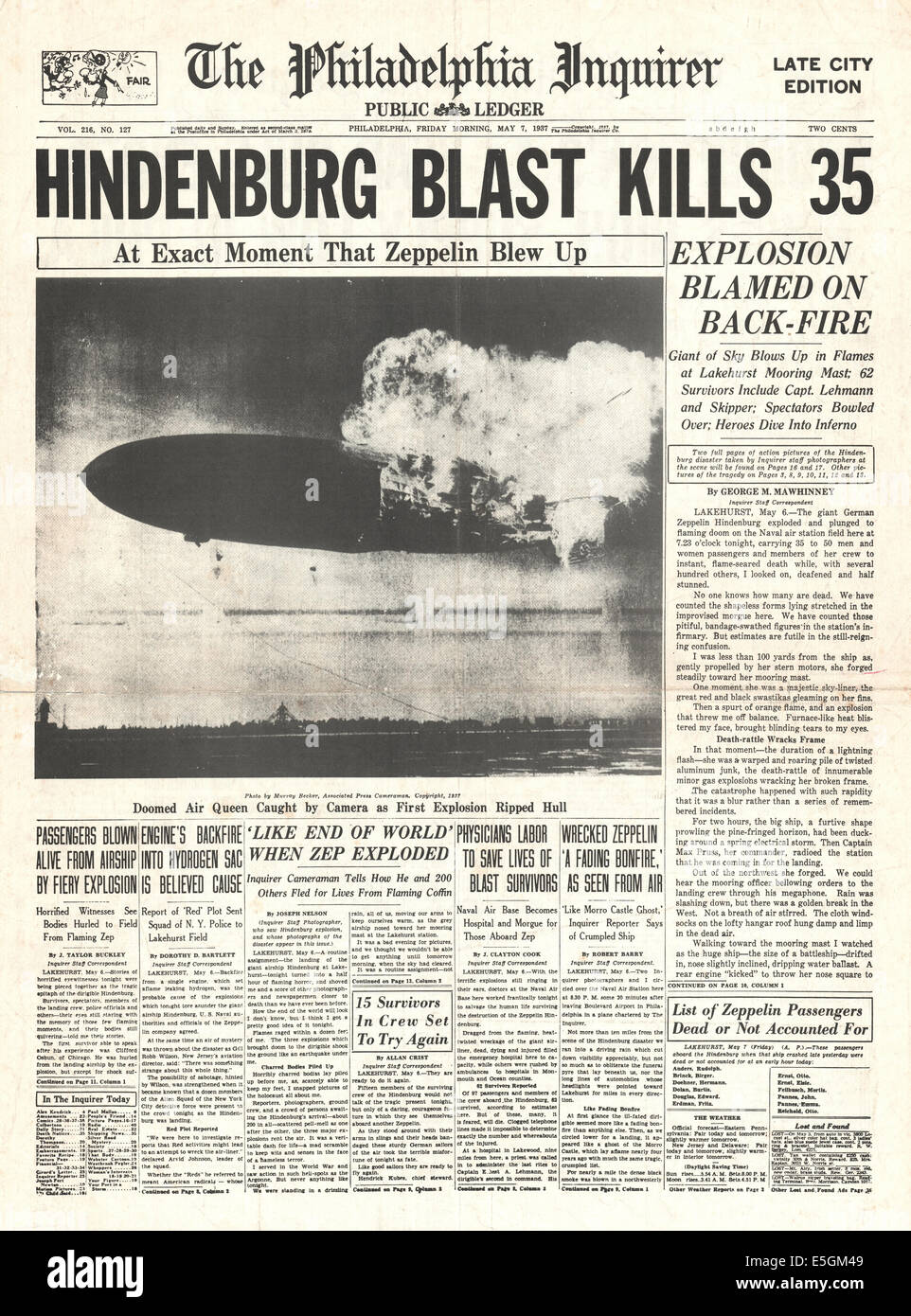 1937 Philadelphia Inquirer (USA) front page reporting the Hindenburg zeppelin disaster at Lakehurst, New Jersey Stock Photo