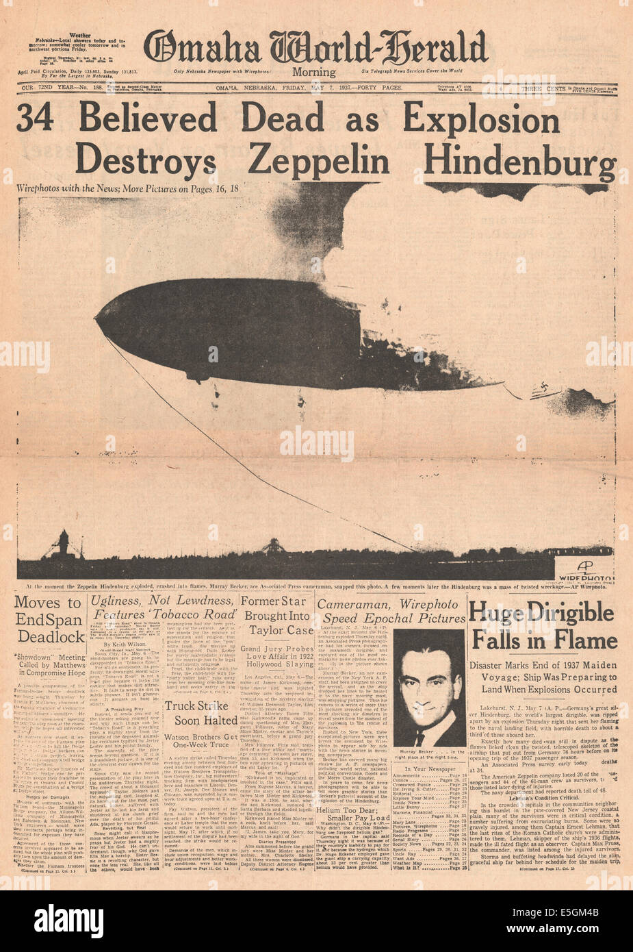 1937 Omaha World-Herald (USA) front page reporting the Hindenburg zeppelin disaster at Lakehurst, New Jersey Stock Photo