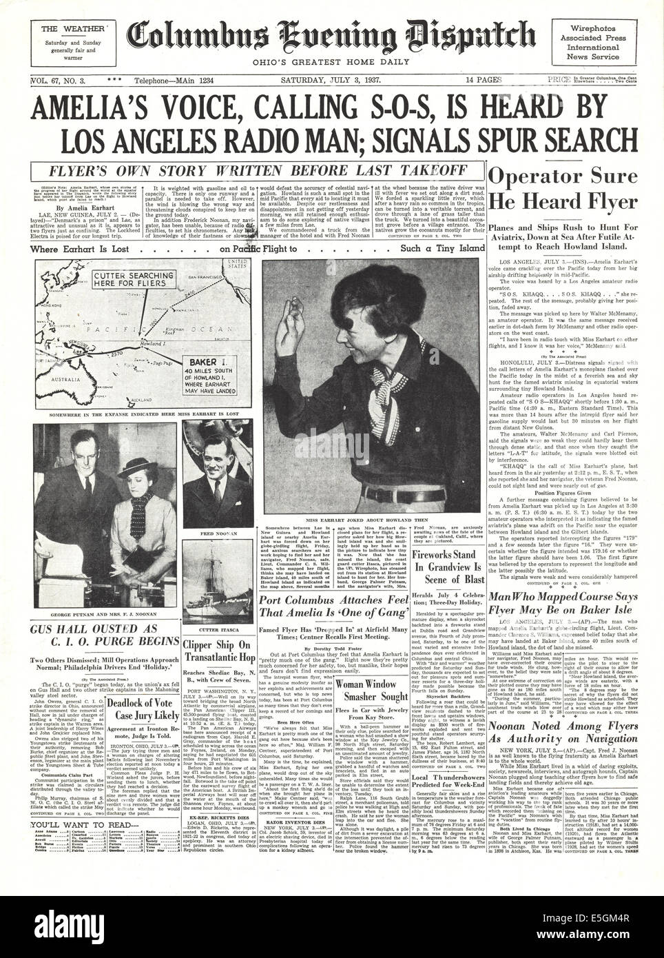1937 Columbus Evening Dispatch (USA) front page reporting Amelia Earhart missing Stock Photo