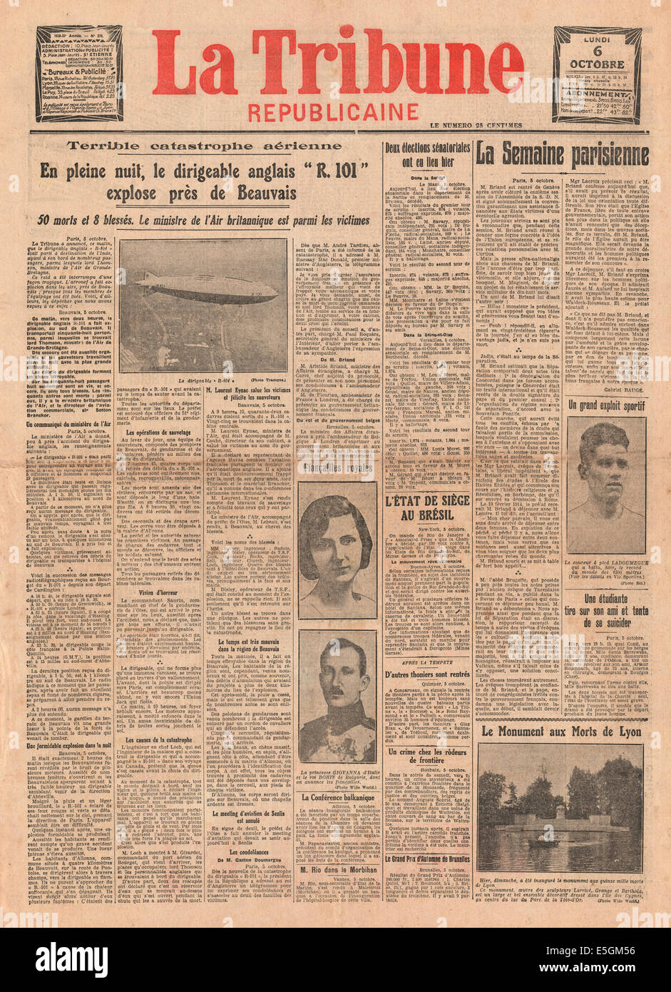 1930 La Tribune Republicaine (France) front page reporting the R101 airship  disaster at Beauvais, France Stock Photo - Alamy