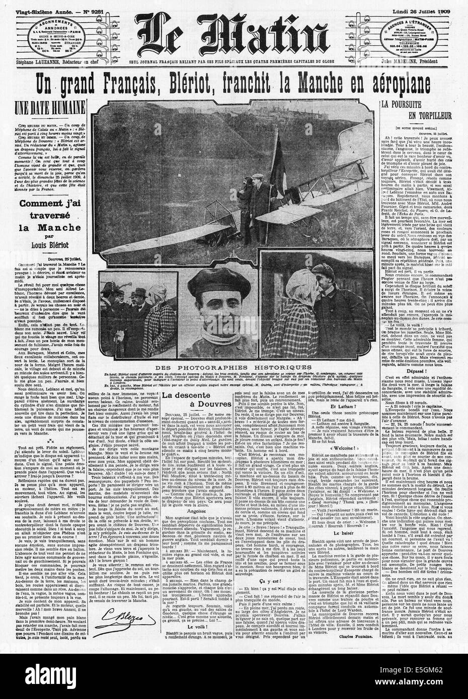 1909 Le Matin (France) front page reporting Louis Bleriot's flight across the English Channel Stock Photo