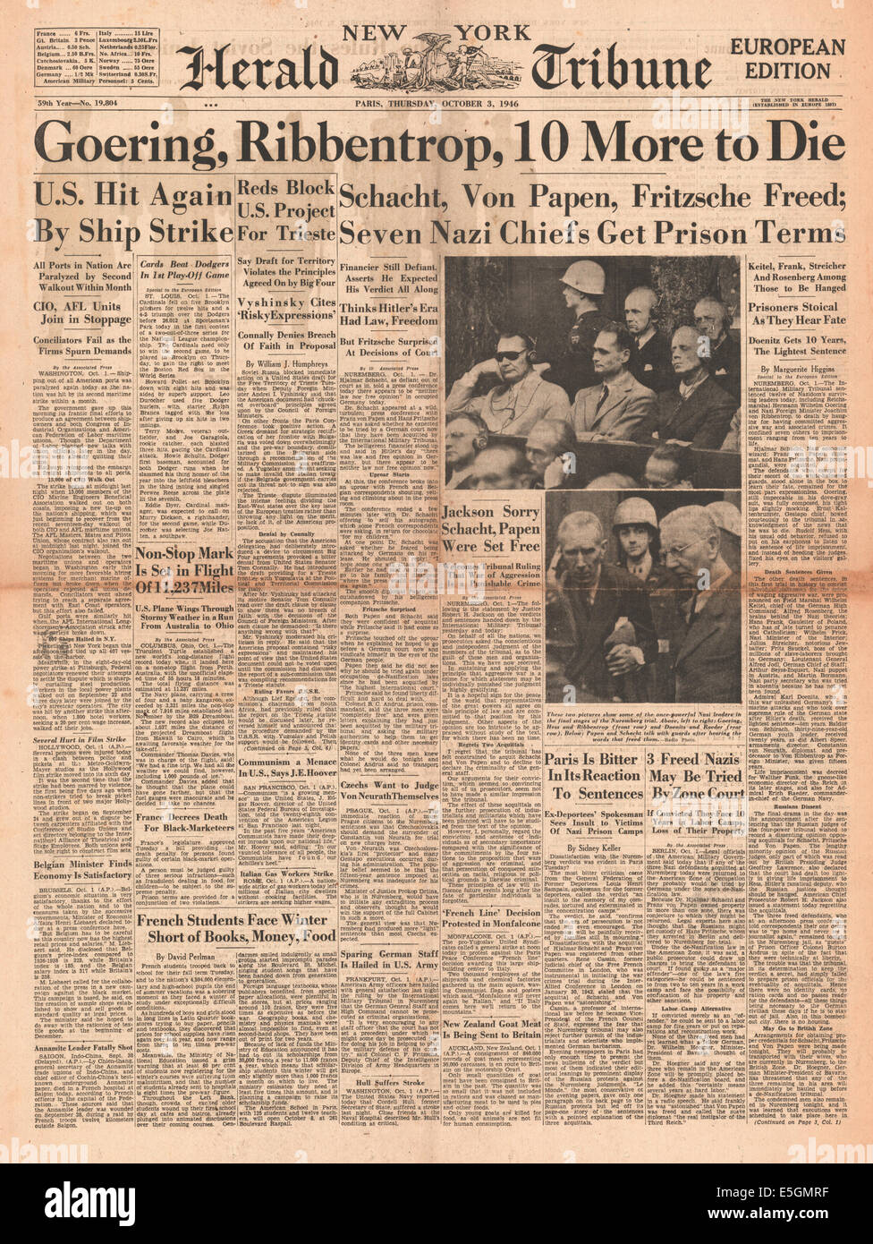 1946 New Herald Tribune front page reporting the Guilty verdicts handed down to Nazi leadership at the Nürnberg Trials Stock Photo