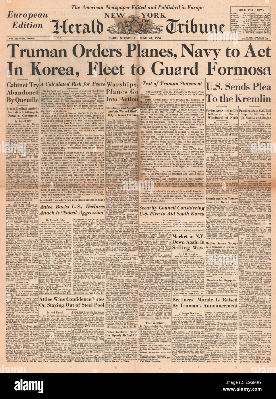 1950 New York Herald Tribune front page reporting the outbreak of the Korean War with U.S. President Truman ordering American forces to Korea Stock Photo