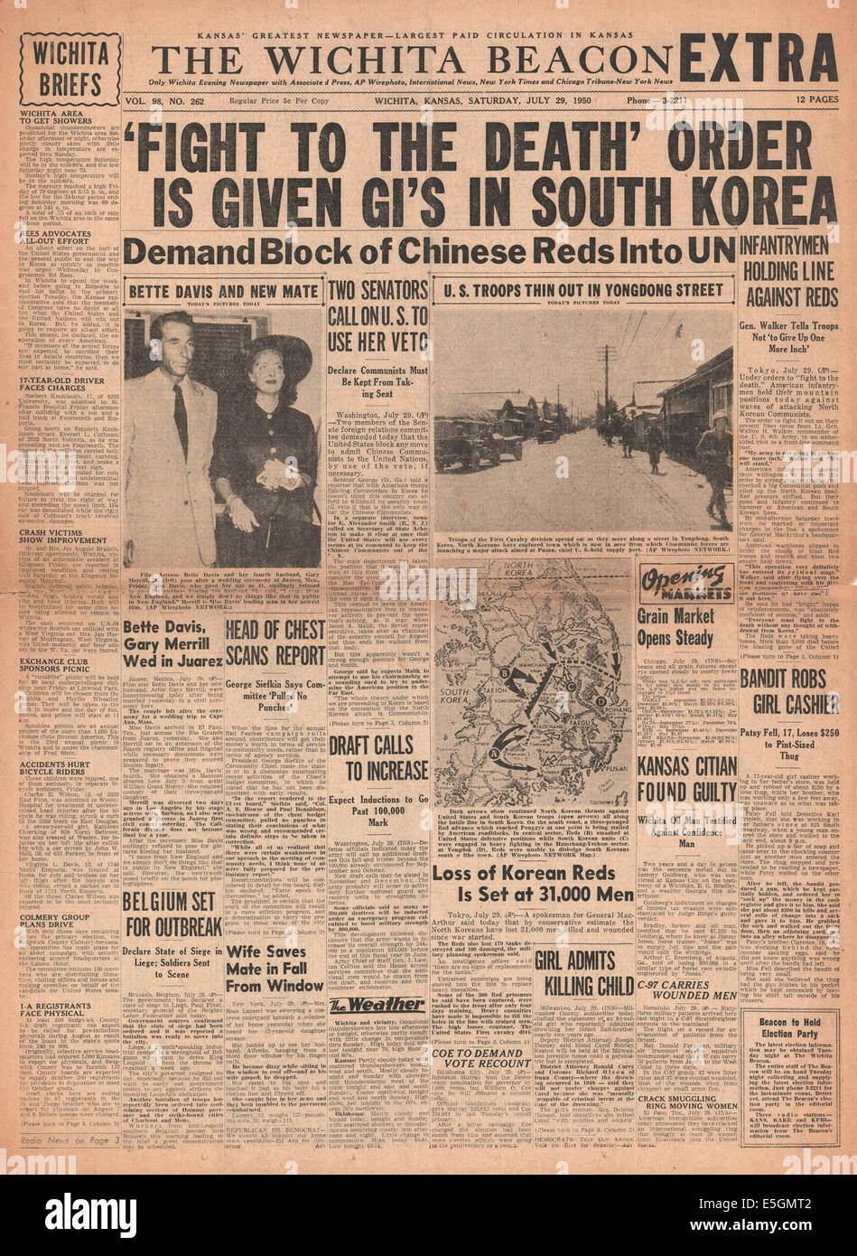 1950 Wichita Beacon (USA) front page reporting American forces in action in Korean War Stock Photo