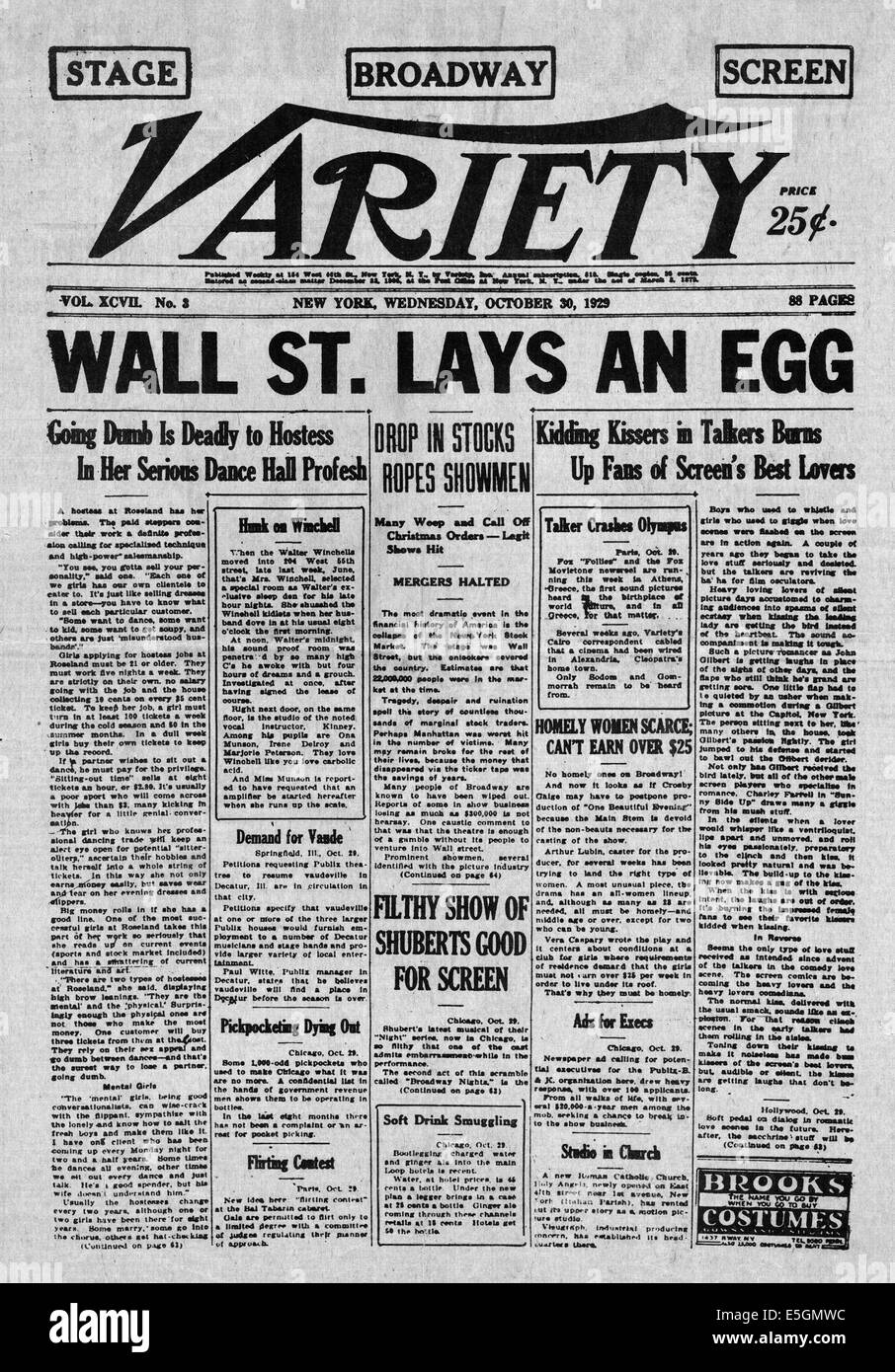 1929 Variety (USA) front page reporting the Wall Street Crash Stock Photo