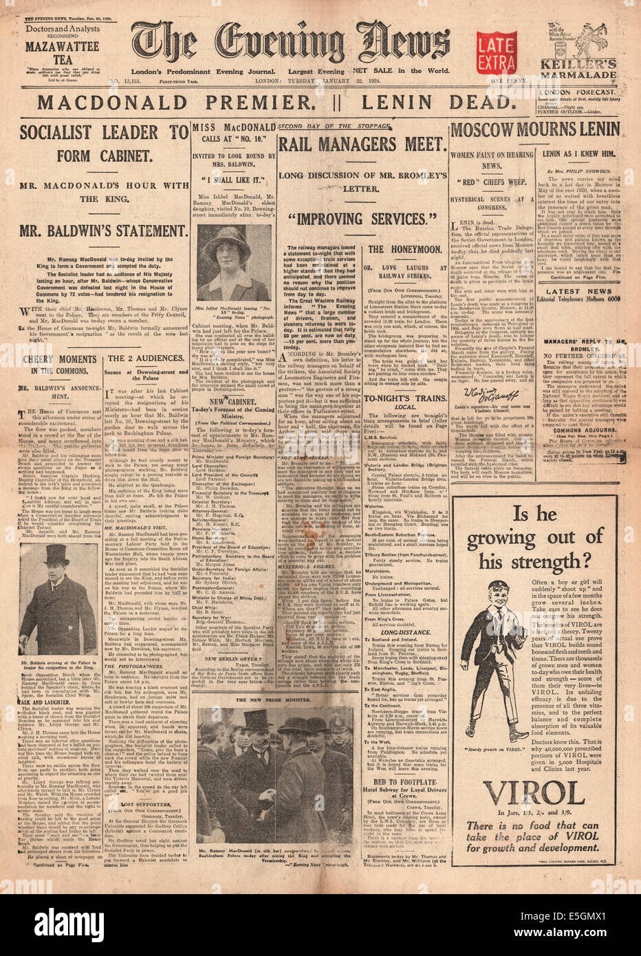 1924 Evening News (London) front page reporting British Labour