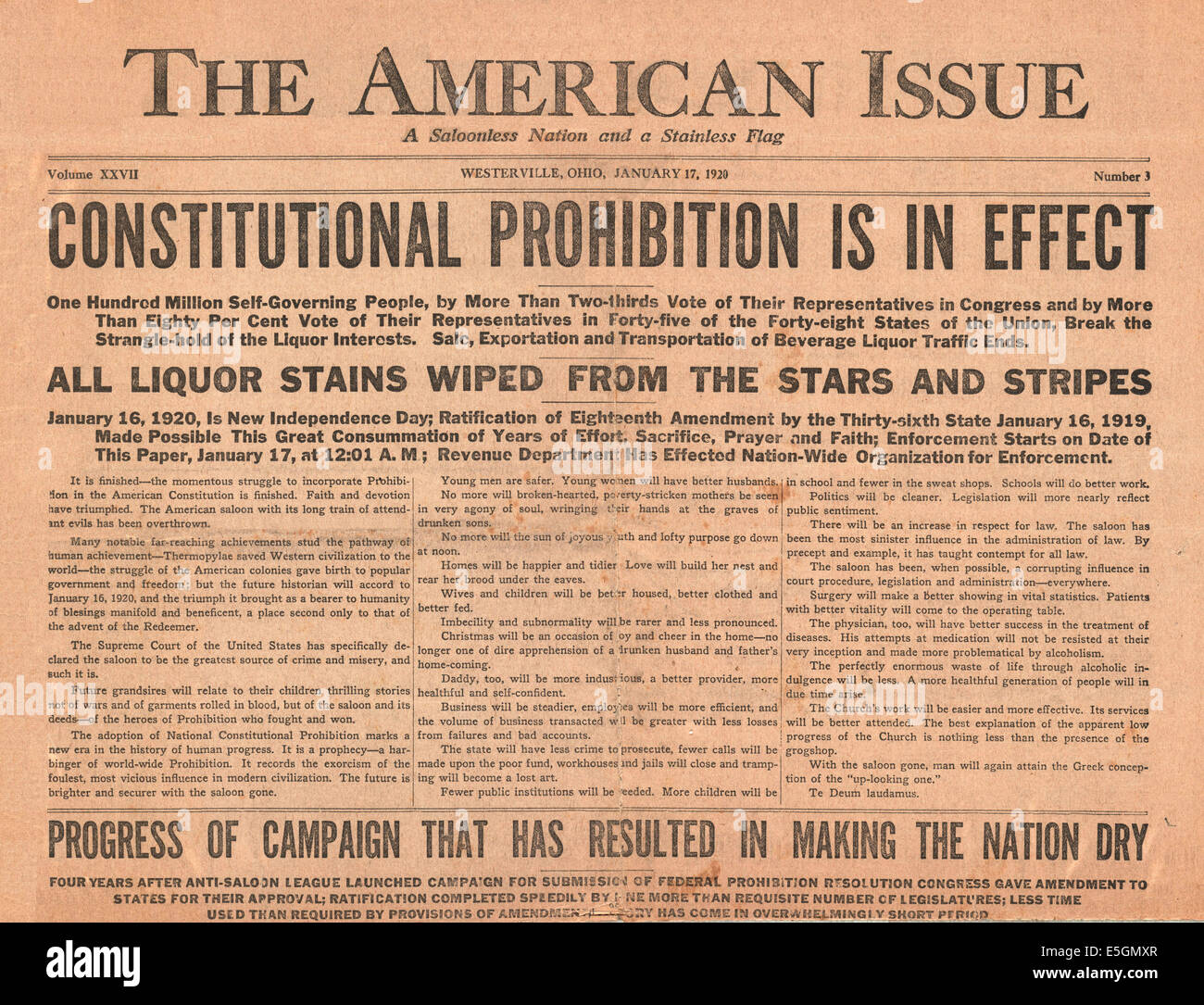 1920 The American Issue front page reporting that Prohibition begins across the United States Stock Photo