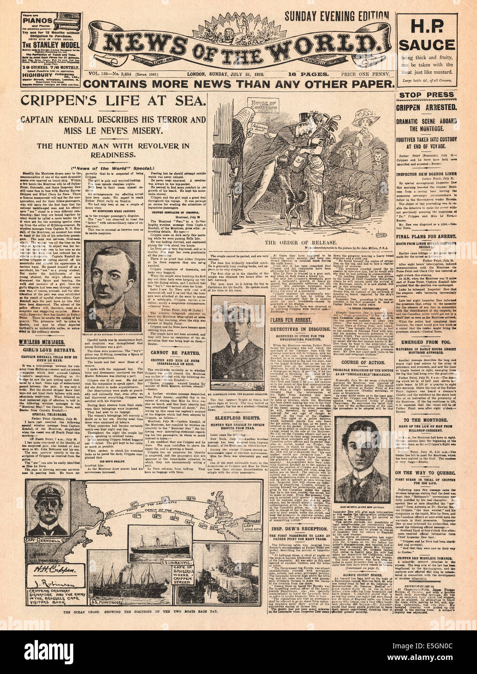 1910 News of the World front page reporting the arrest of Dr. Hawley