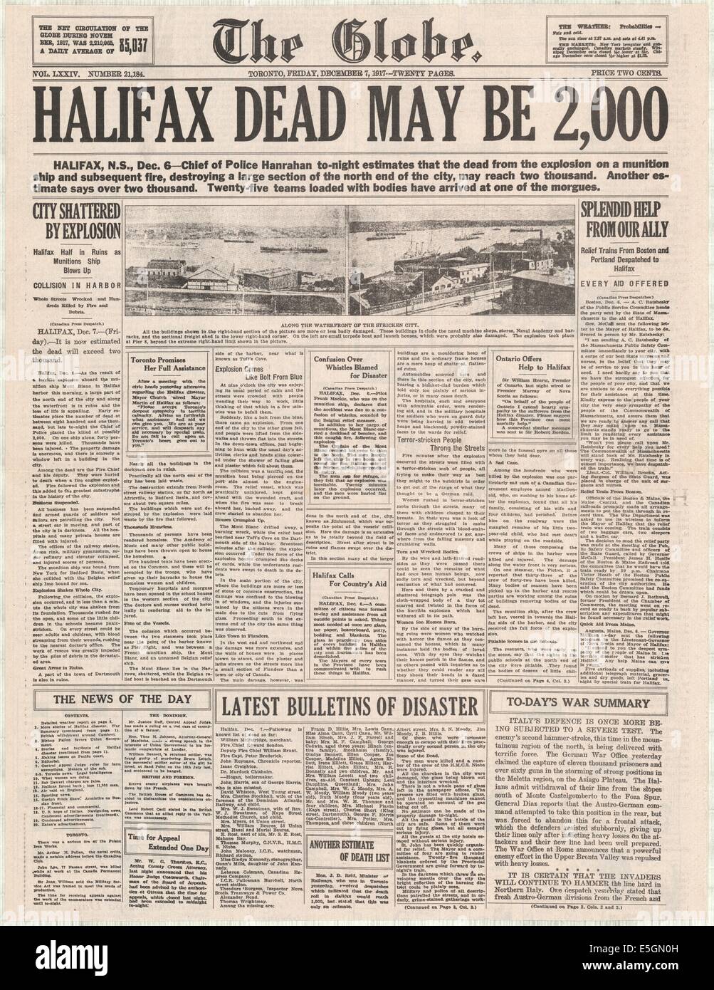 1917 The Globe (Toronto) front page reporting the Halifax, Nova Scotia