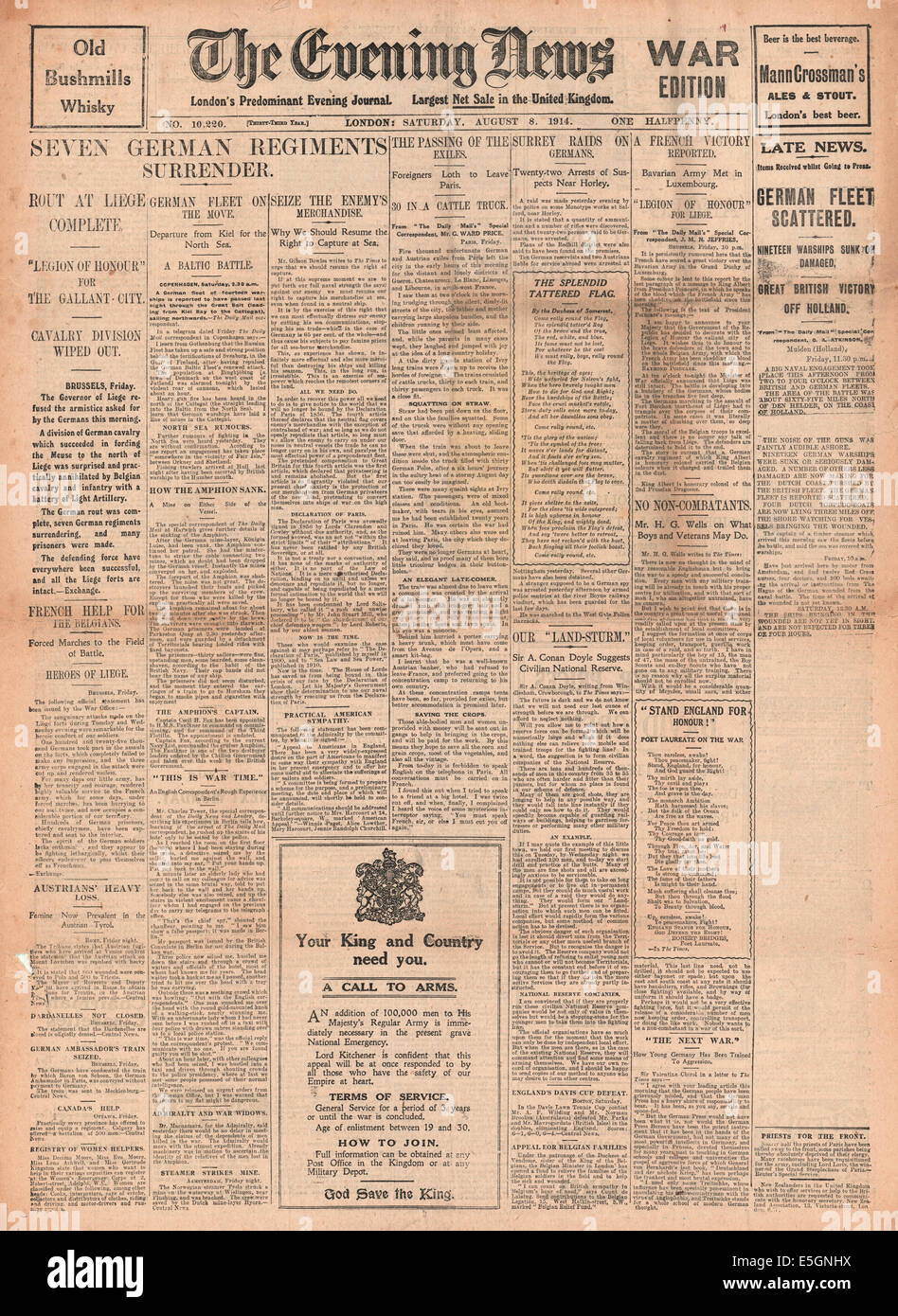 1914 London Evening News front page reporting battles near Liege, Belgium Stock Photo