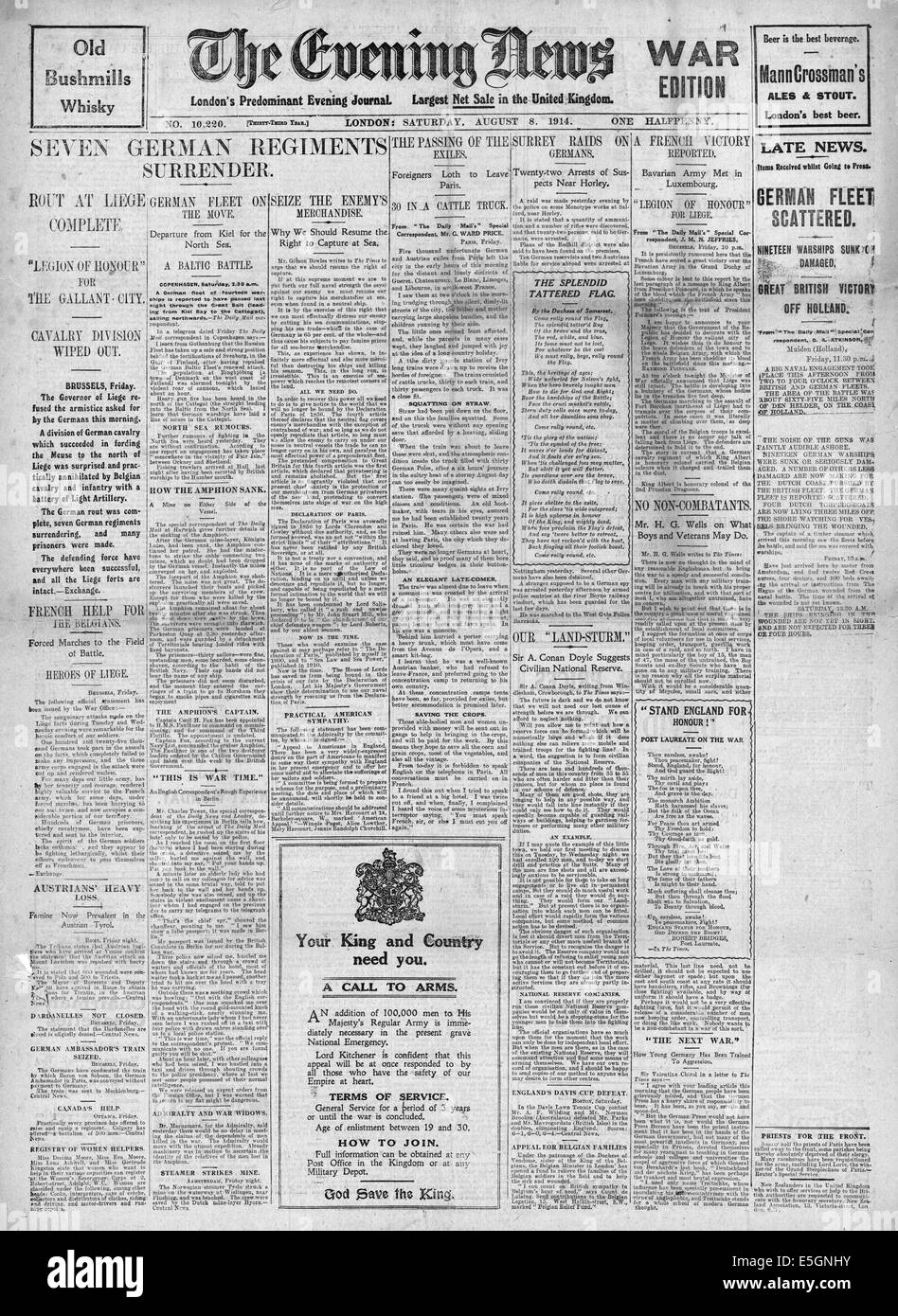1914 London Evening News front page reporting battles near Liege, Belgium Stock Photo