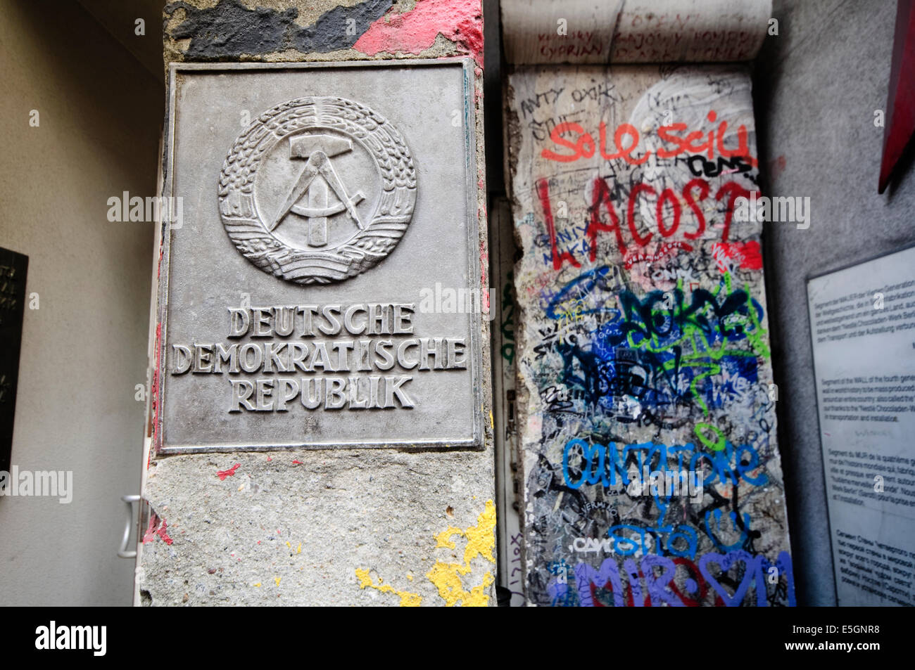 Germany, Berlin, Original GDR border post in front of the Mauermuseum Wall Museum at Checkpoint Charlie Stock Photo