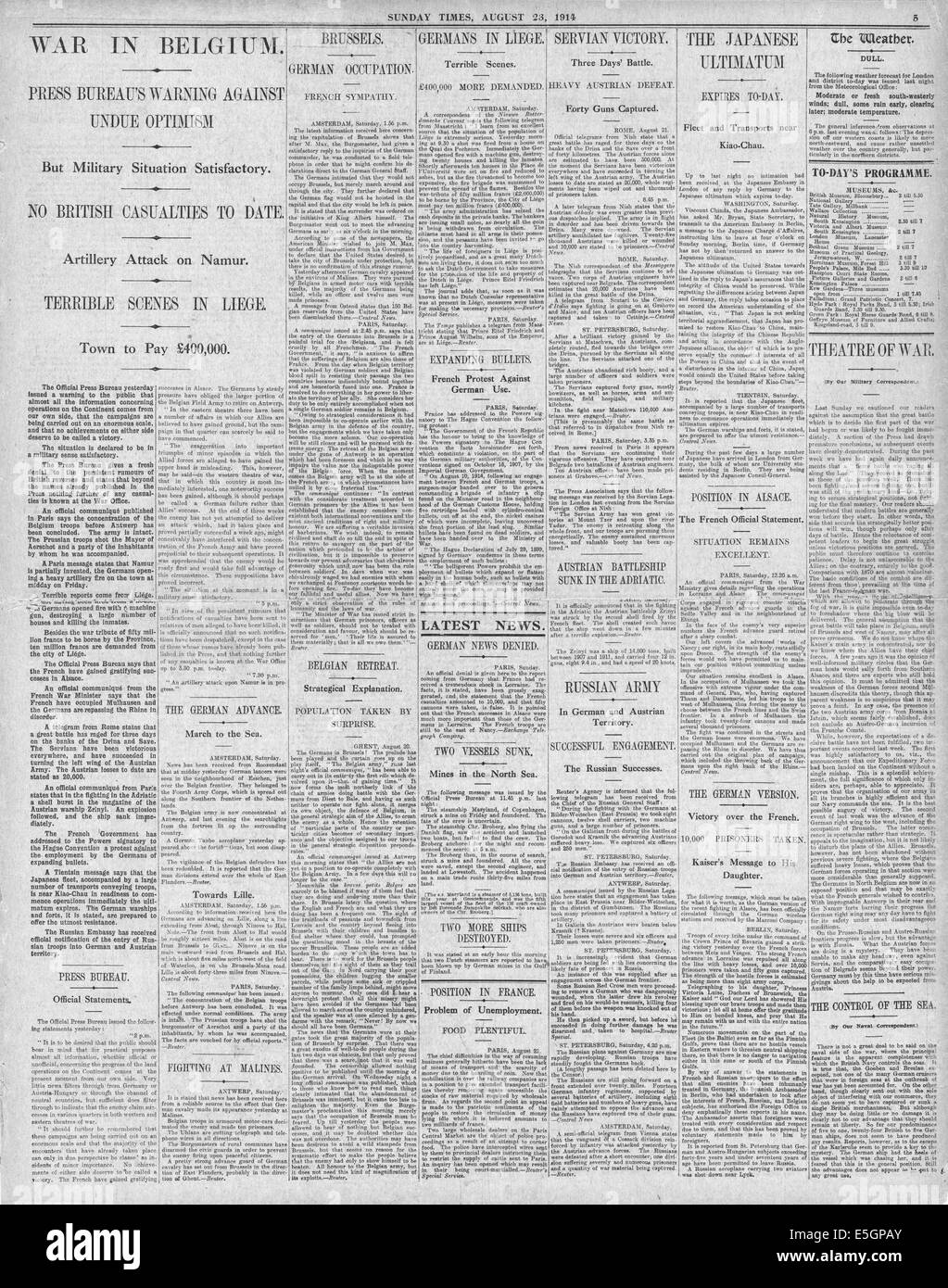 1914 Sunday Times page 5 reporting War in Belgium, Liege captured Stock Photo