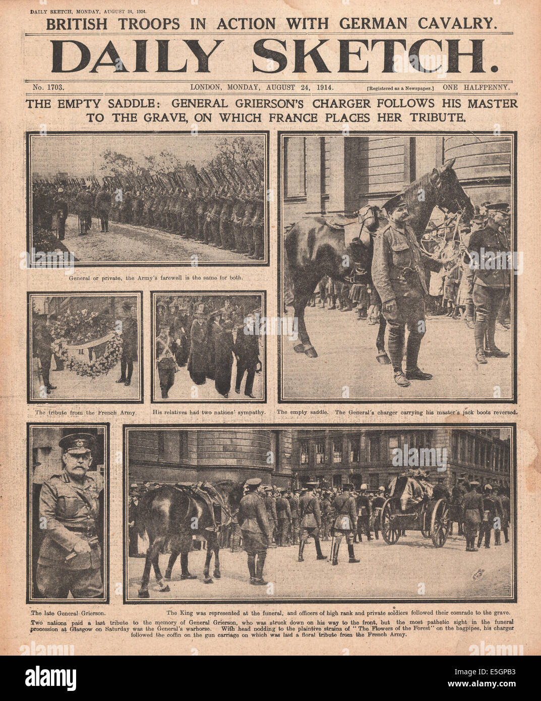 1914 Daily Sketch front page reporting funeral of General Sir James ...