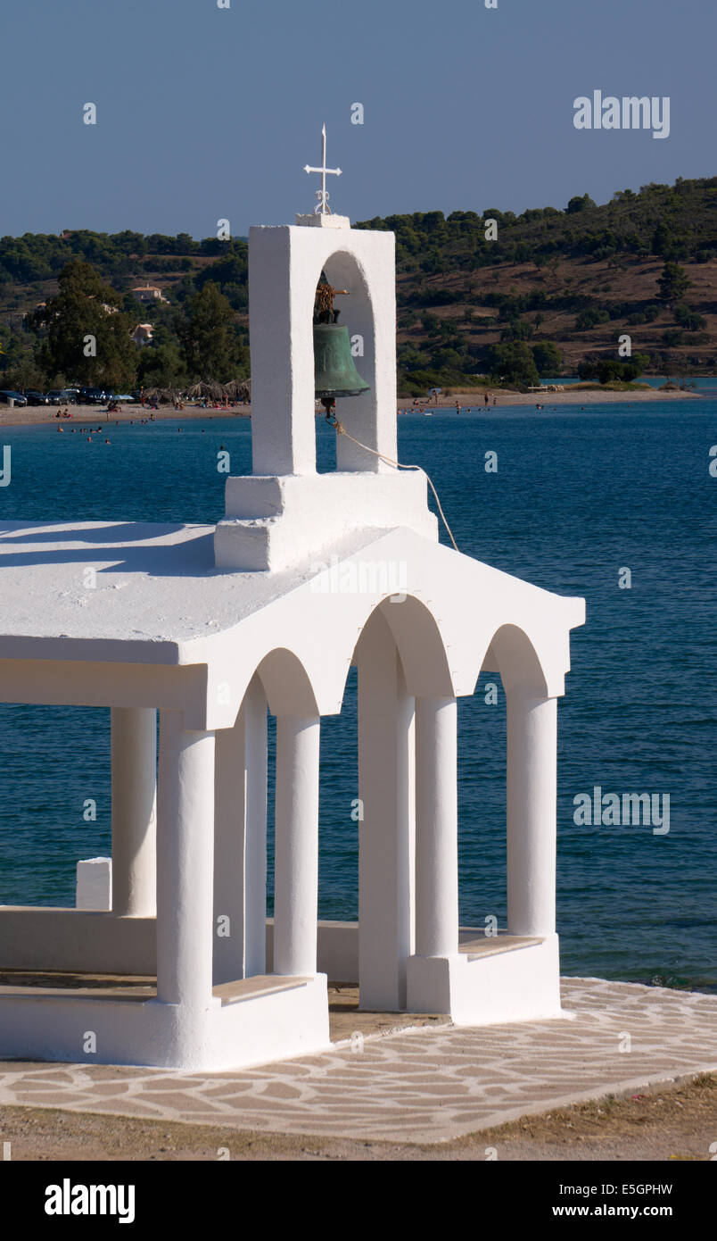 Greek Church by coast at Porto Heli, Argolida, Peloponnese,Greece Stock Photo