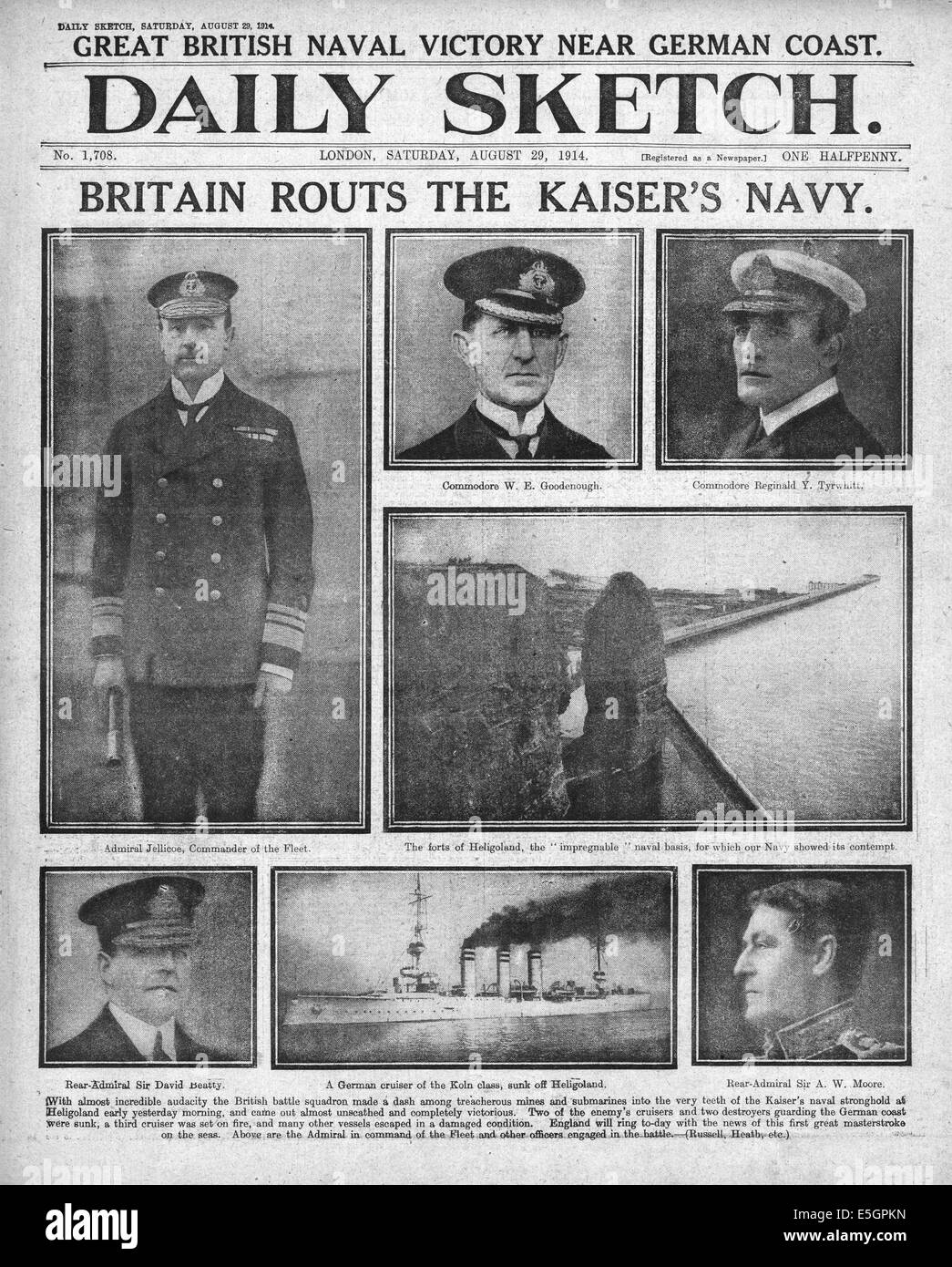 1914 Daily Sketch front page reporting the sinking of German warships SMS Mainz, SMS Cöln and SMS Ariadne, destroyer V-187 by the Royal Navy at the Battle of Heligoland Bight Stock Photo