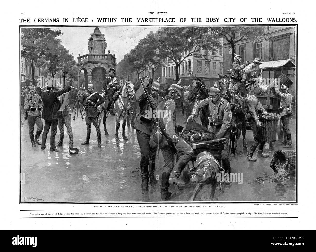 1914 The Sphere centre page showing German forces in Liege, Belgium Stock Photo
