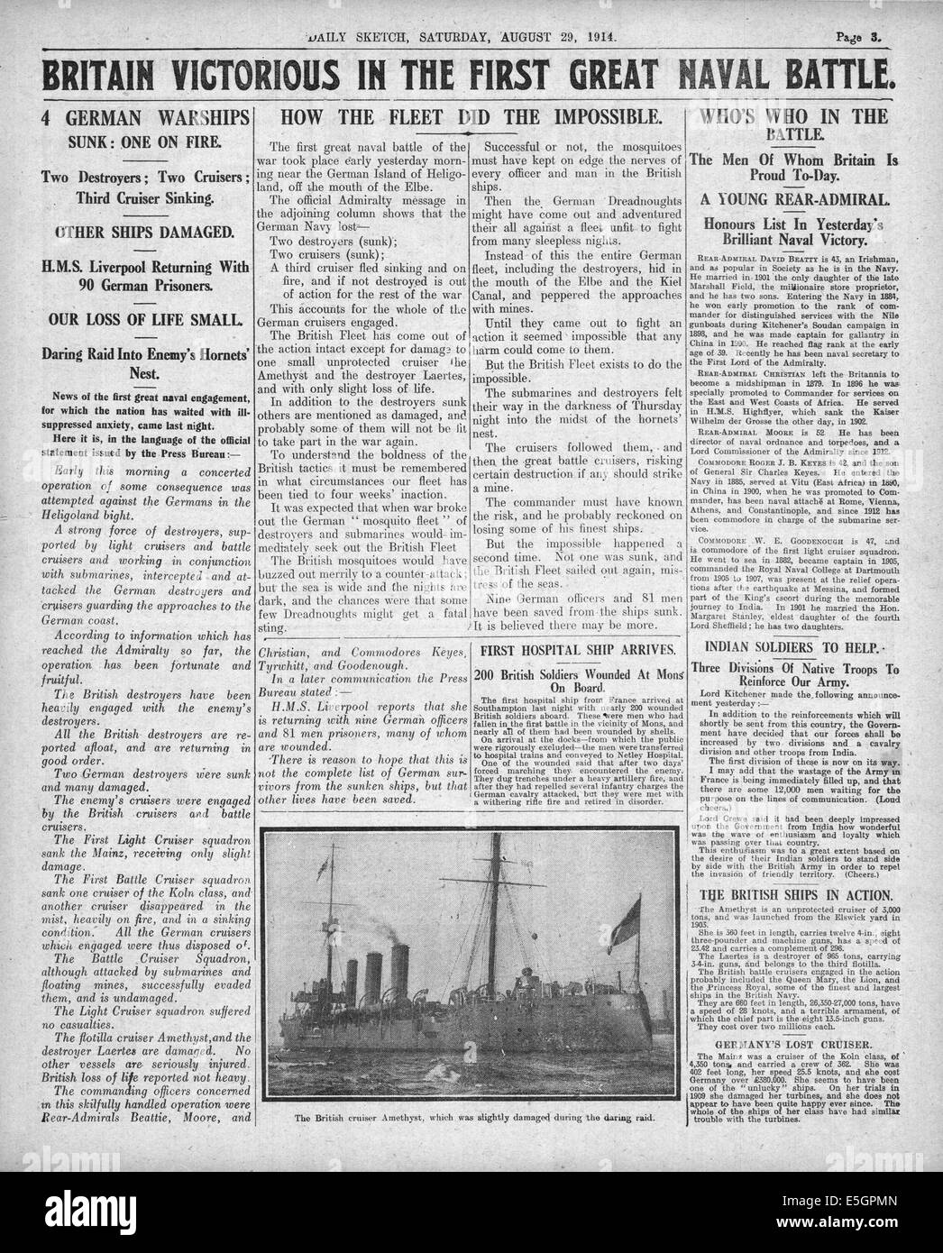 1914 Daily Sketch page 3 reporting the sinking of German warships SMS Mainz, SMS Cöln and SMS Ariadne, destroyer V-187 by the Royal Navy at the Battle of Heligoland Bight Stock Photo
