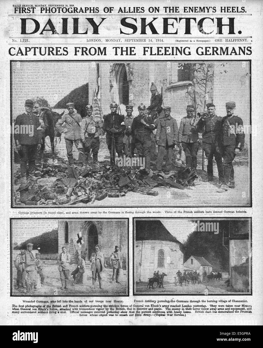 1914 Daily Sketch front page reporting German prisoners of war captured by French army Stock Photo