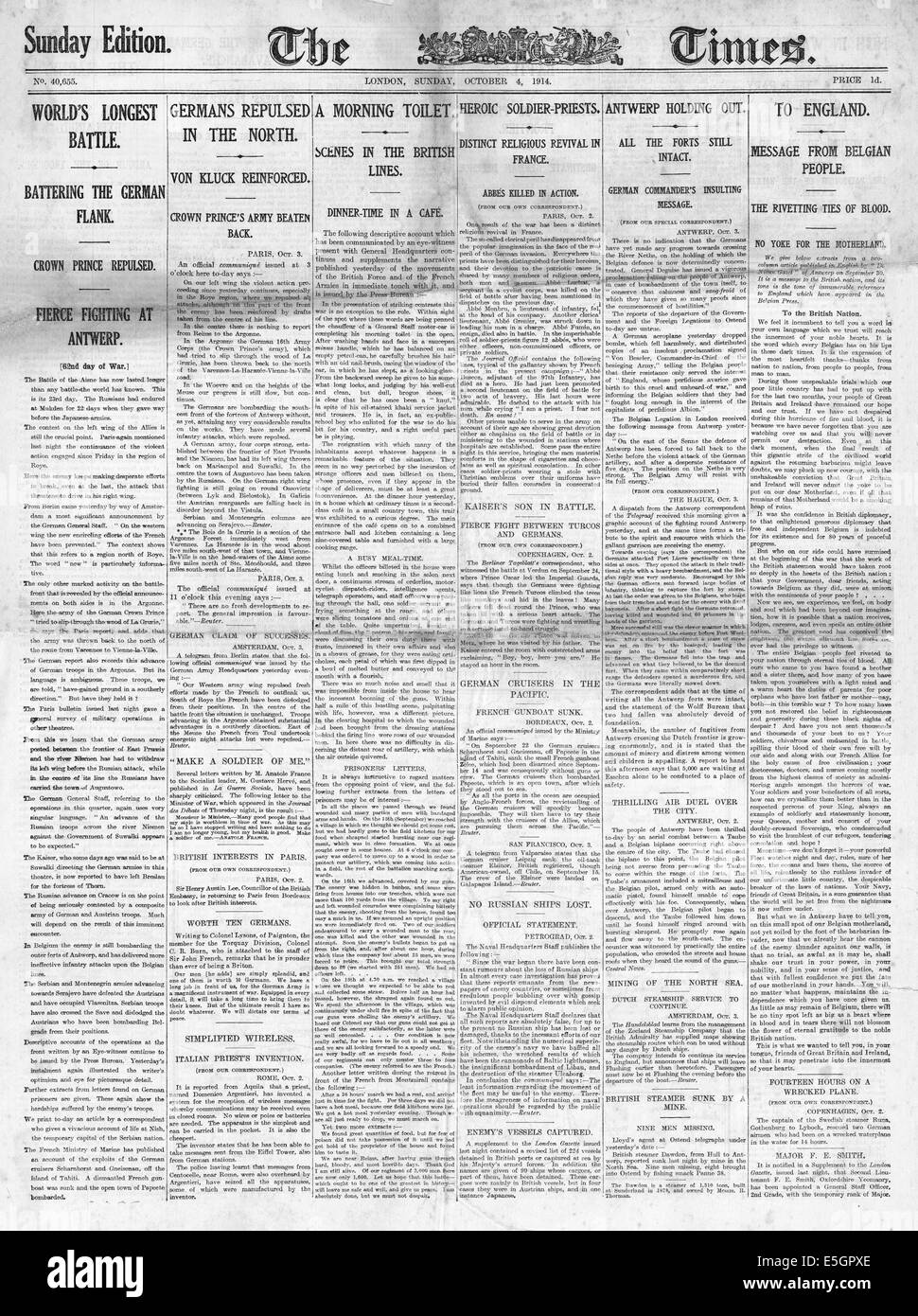 1914 The Times front page reporting War news from the Western Front Stock Photo
