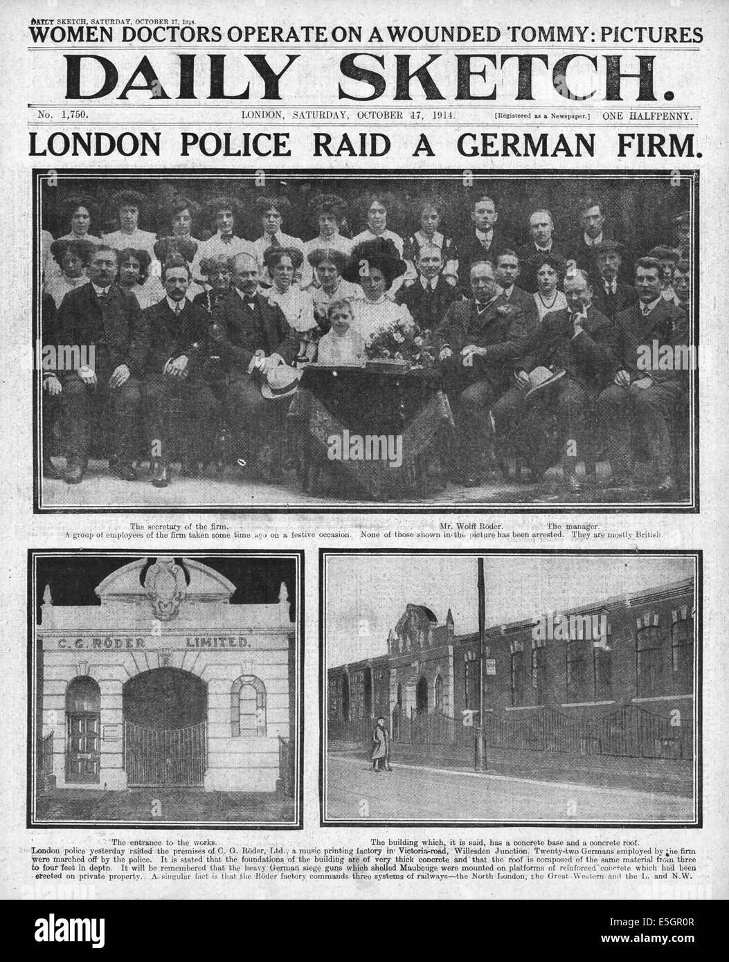 1915 Daily Sketch front page reporting London police raid the premisis of German firm C.G Röder Ltd in Willesden, London Stock Photo