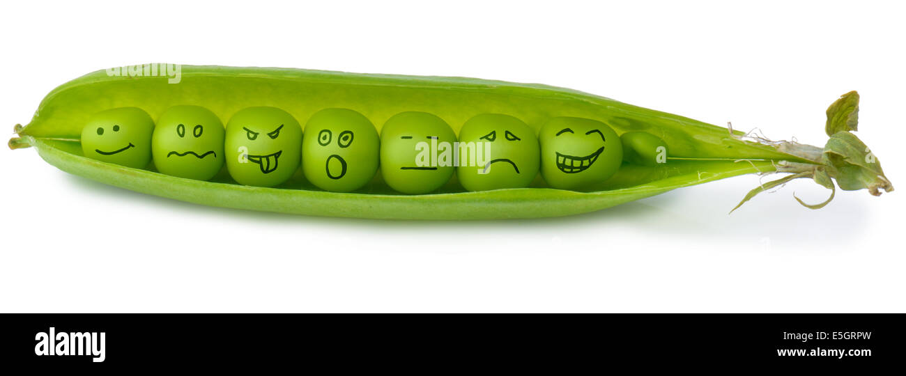 Close-Up of Fresh Green Peas in a Pod  with emontions on each one  isolated on a white background Stock Photo
