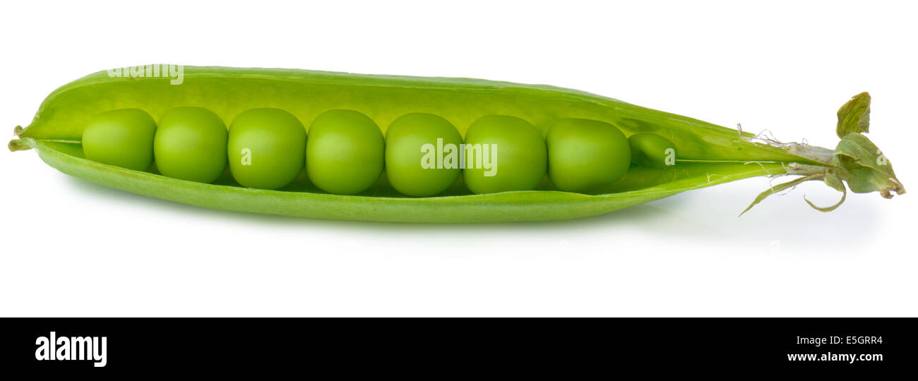 Close-Up of Fresh Green Peas in a Pod isolated on a white background Stock Photo