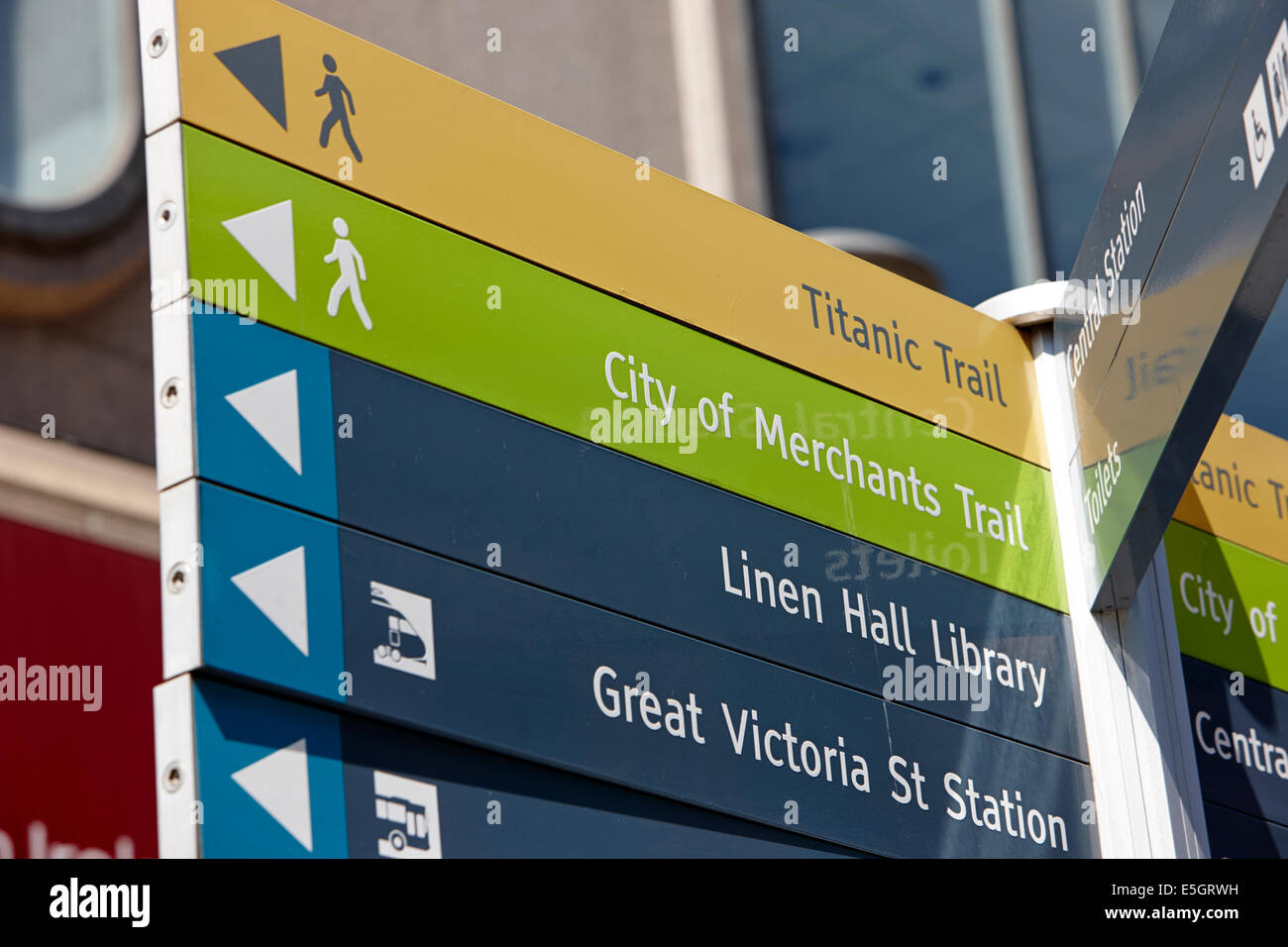 city of merchants and titanic walking trails tourism signpost Belfast city centre Stock Photo