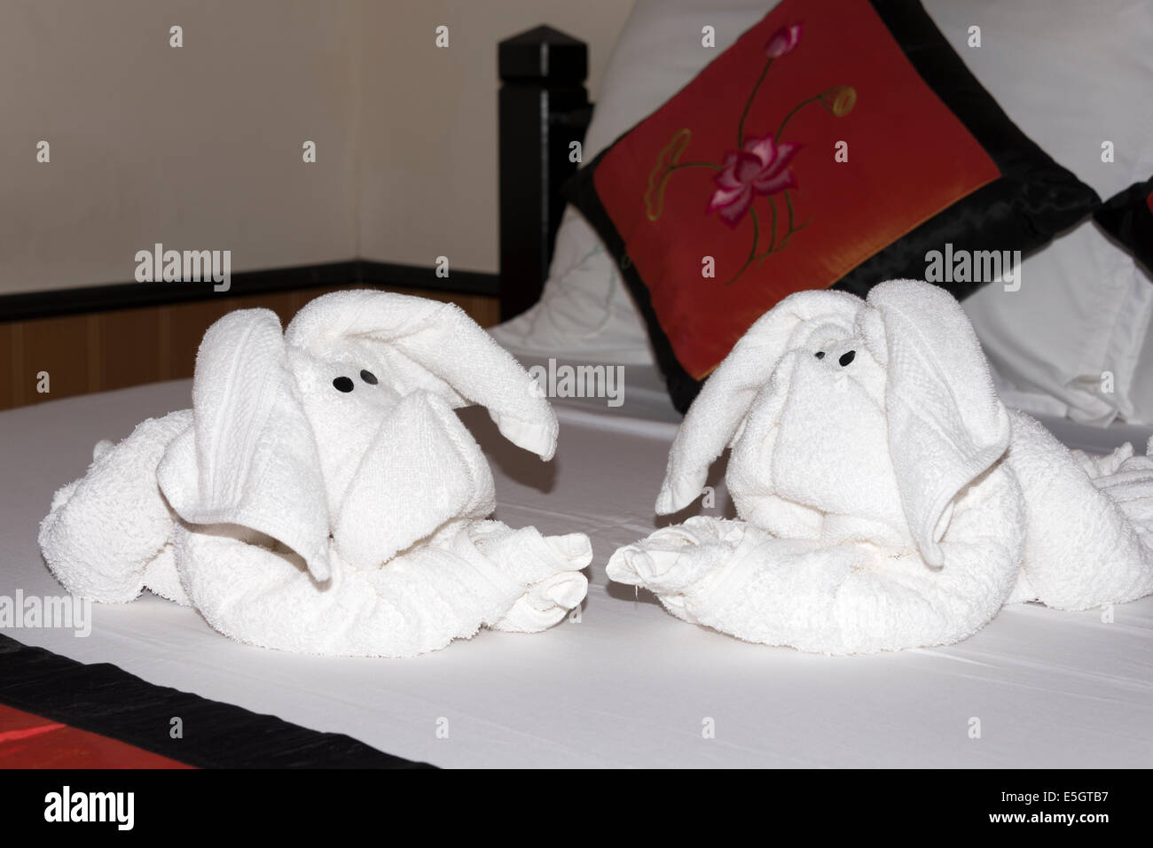 Towel origami in a hotel in the Socialist Republic of Vietnam. Stock Photo