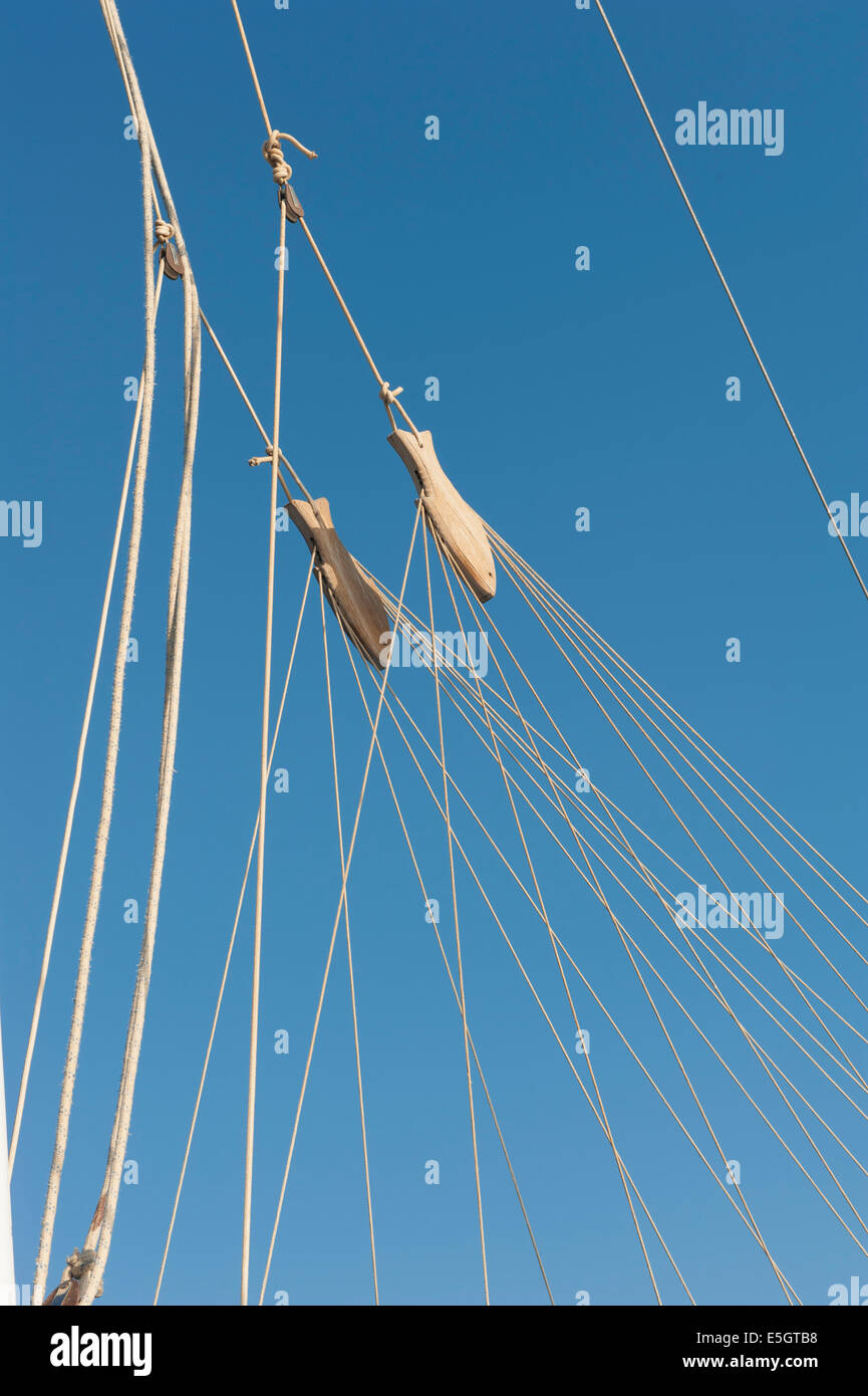 wooden fish used to separate the ropes of the sails on a traditional gulet at Marmaris, Turkey Stock Photo