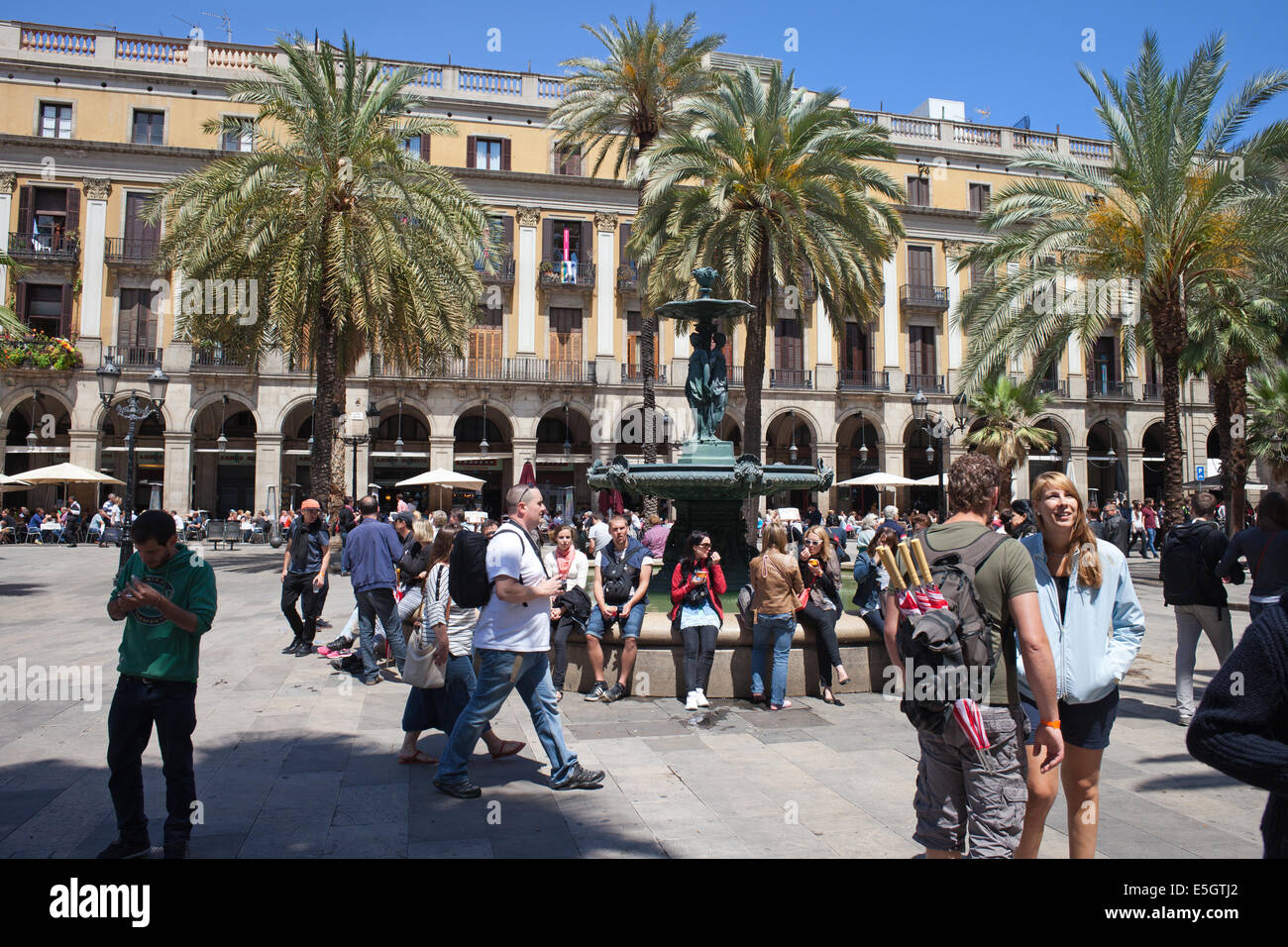 People at Placa Reial in Barcelona, Catalonia, Spain Stock Photo