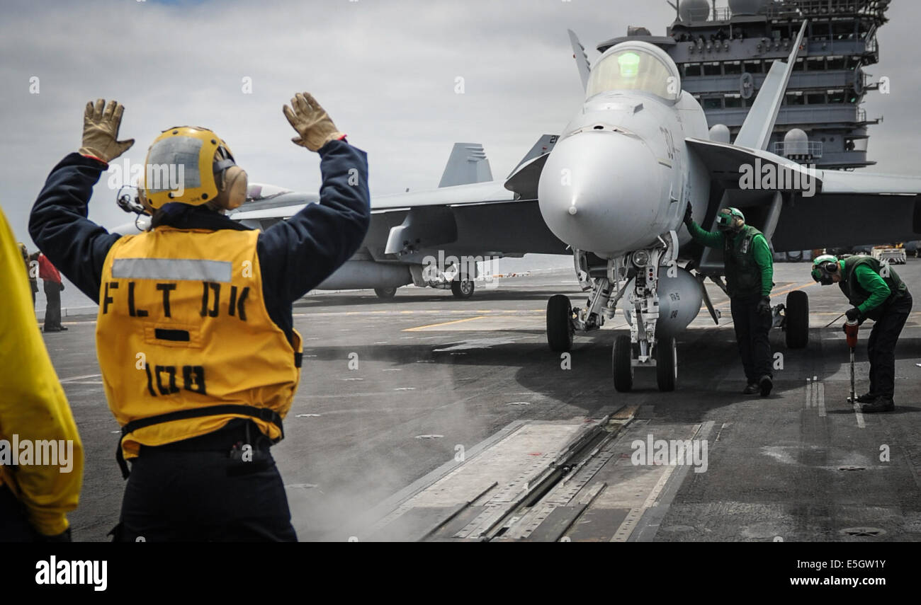 U.S. Navy Aviation Boatswain's Mate (Handling) 3rd Class Jerrica Alexander directs an F/A18E