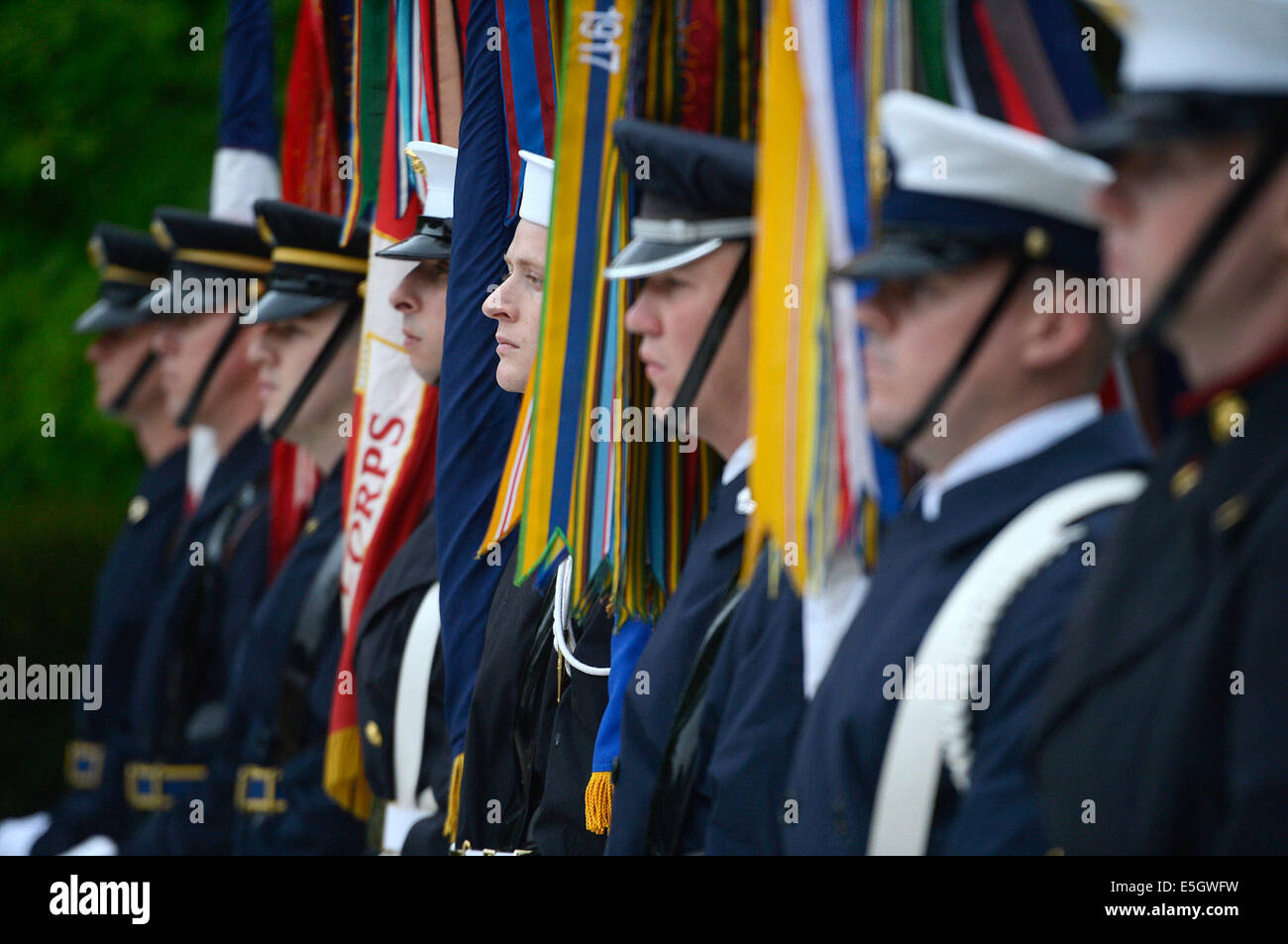 The Joint Armed Forces Color Guard post at the grave site of President John F. Kennedy at Arlington National Cemetery, Va., for Stock Photo