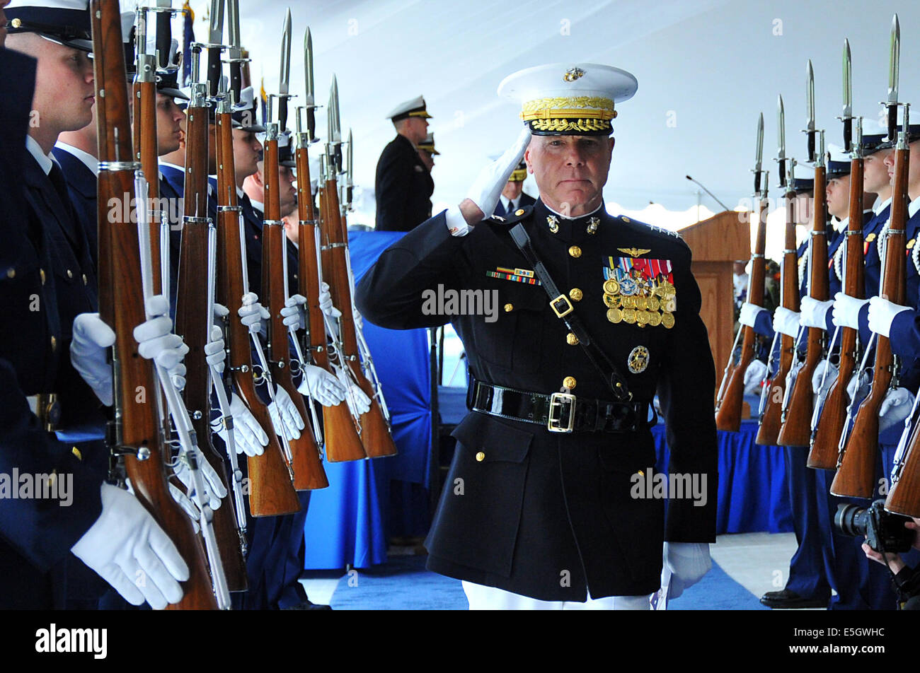 U.S. Marine Corps Gen. James Amos, the commandant of the Marine Corps, departs the stage during a change of command ceremony at Stock Photo