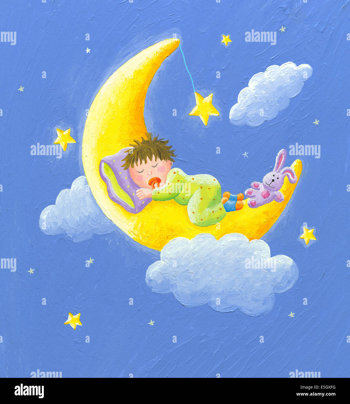 Acrylic illustration of lullaby baby sleeps on the moon Stock Photo