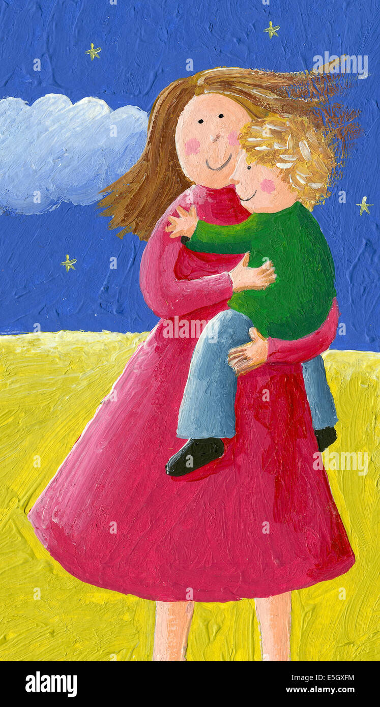 Acrylic illustration of mom and child Stock Photo - Alamy