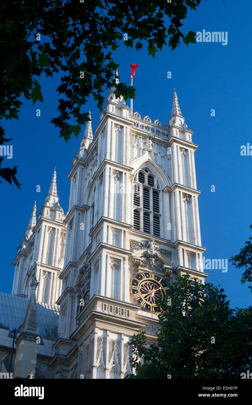 Westminster Abbey west towers in late evening light London England UK Stock Photo
