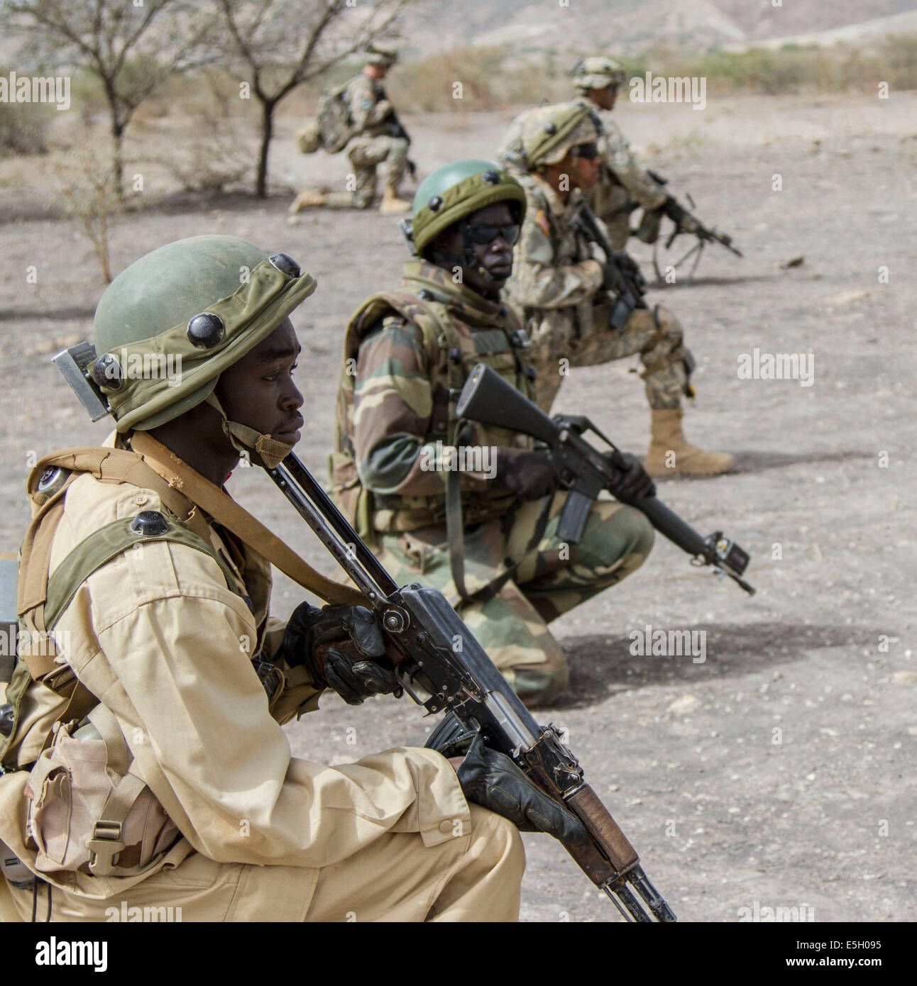 U.S., Burkinabe and Senegalese soldiers provide security June 24, 2014, during a situational training exercise as part of Weste Stock Photo