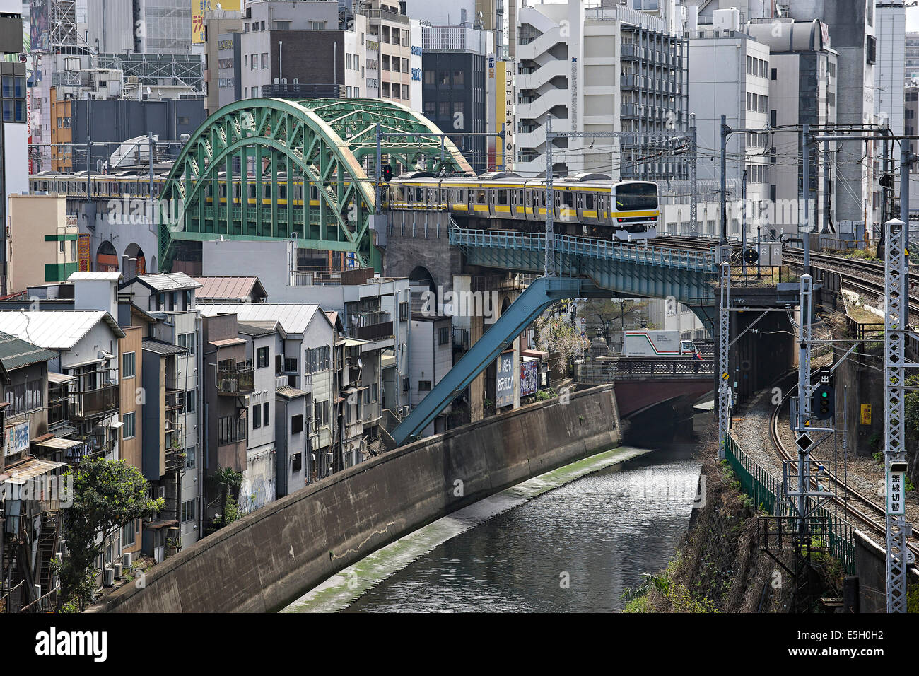 Railways crossing the Kandagawa river, Tokyo, Japan. Stock Photo