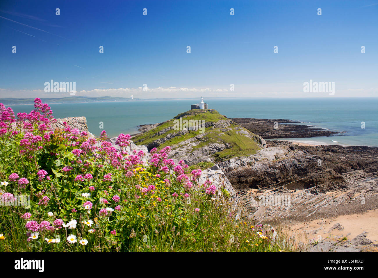 Mumbles Head lighthouse in summer with red valerian flowers in foreground Y Mwmbwls Swansea Abertawe South Wales UK Stock Photo