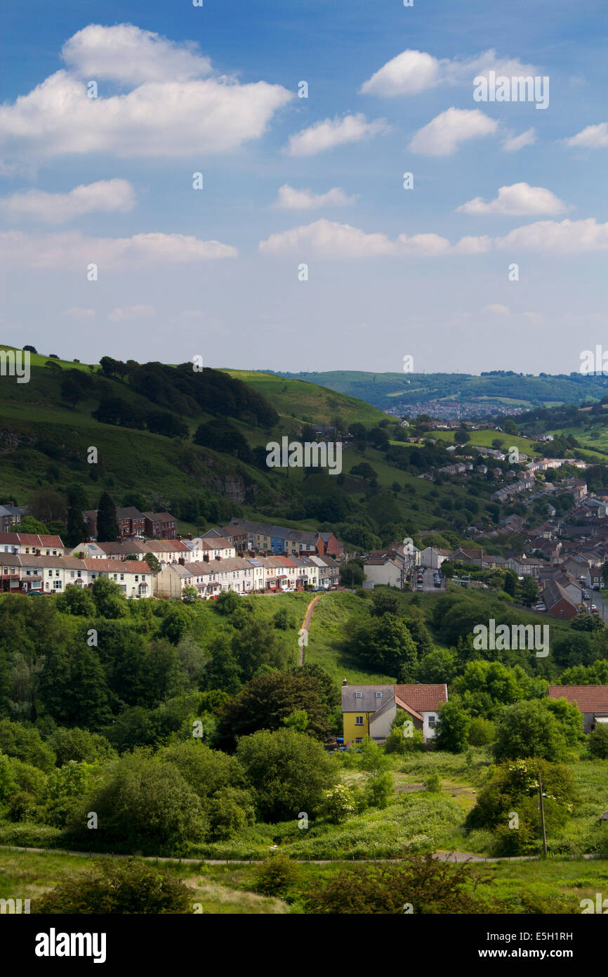 Senghenydd view of village in Aber Valley Caerphilly County South Wales Valleys UK Typical Valleys landscape with steep green hi Stock Photo