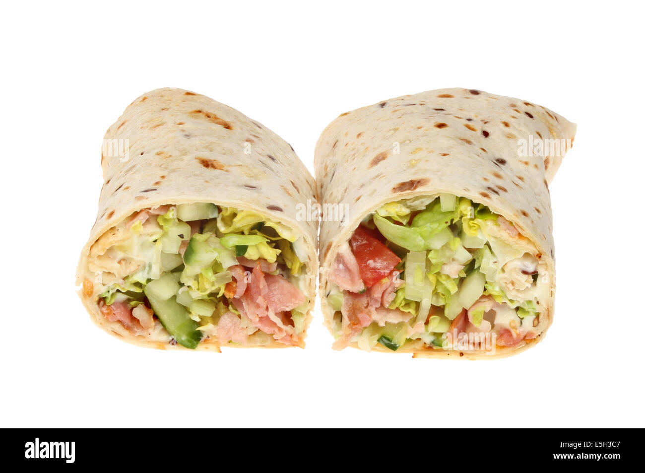 Bacon and salad bread wraps isolated against white Stock Photo