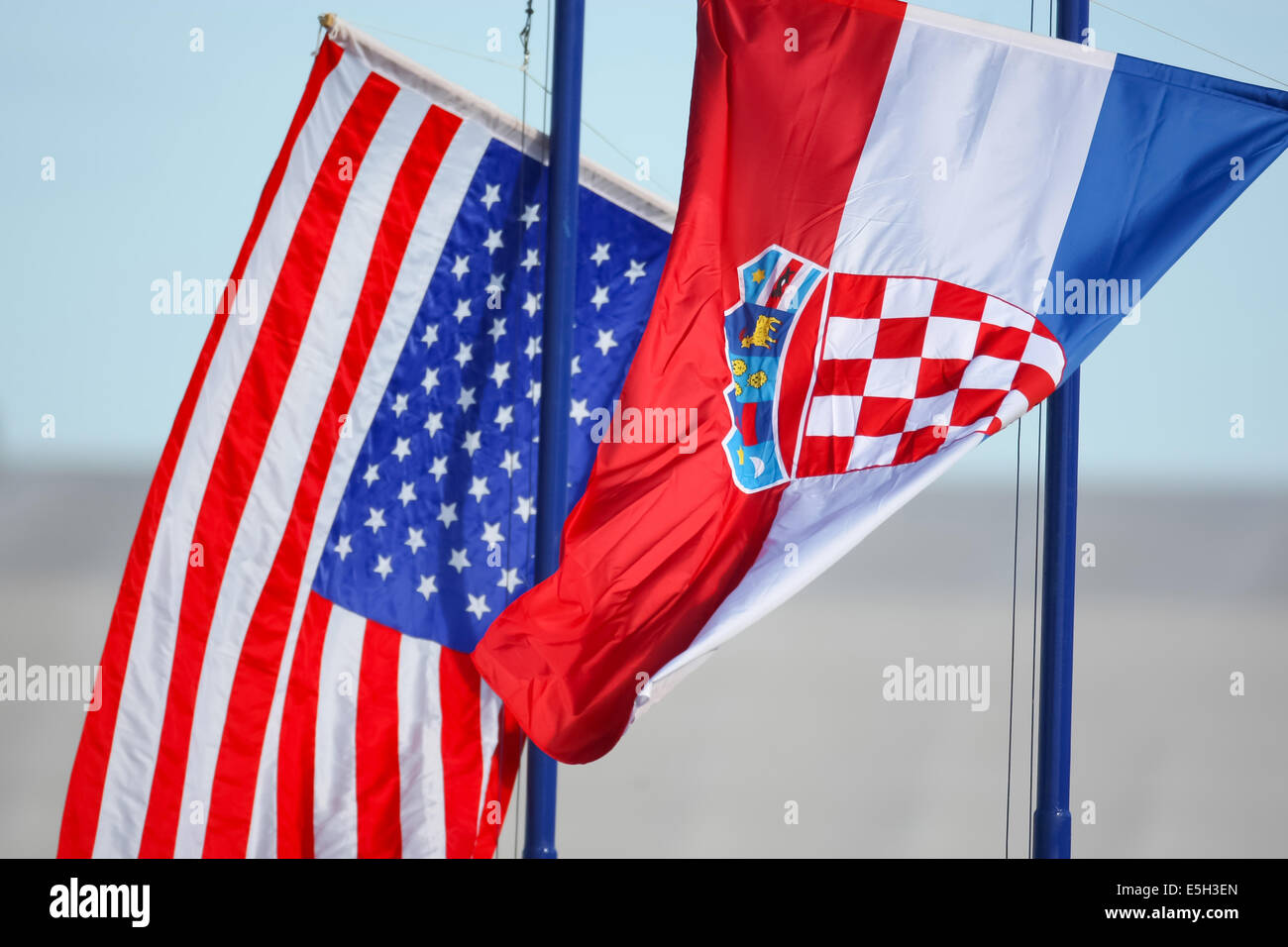 Croatian And American National Flags Waving On The Wind Stock Photo Alamy