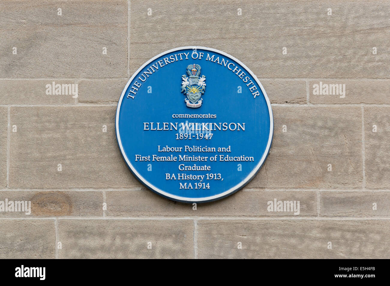 A plaque to commemorate Labour Politician Ellen Wilkinson, in University campus area (off Oxford Road) in Manchester. Stock Photo