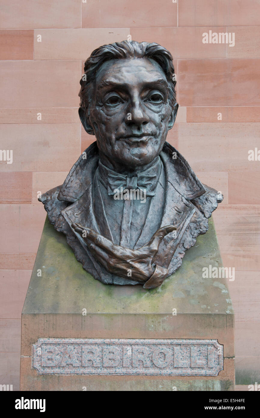 Bust of Sir John Barbirolli, a conductor with the Halle Orchestra, outside the Bridgewater Hall, Barbirolli Square, Manchester. Stock Photo