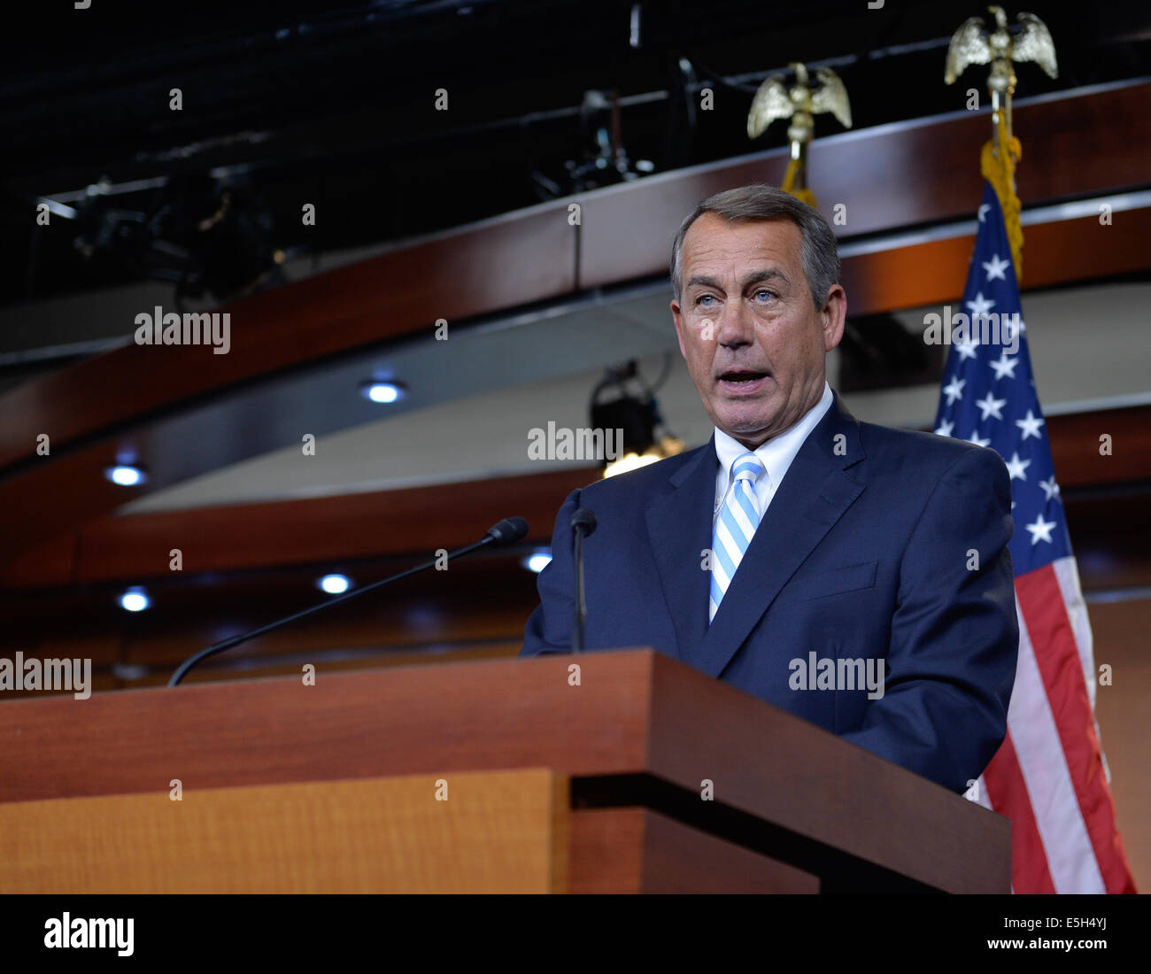 Washington, DC, USA. 31st July, 2014. John Boehner, Speaker of the United States House of Representatives, speaks to media on a news conference on Capitol Hill in Washington, DC, capital of the United States, July 31, 2014. The U.S. House of Representative Speaker John Boehner warned on Thursday that any unilateral actions on immigration reform by U.S. President Obama would risk a "legacy of lawlessness." Credit:  Bao Dandan/Xinhua/Alamy Live News Stock Photo