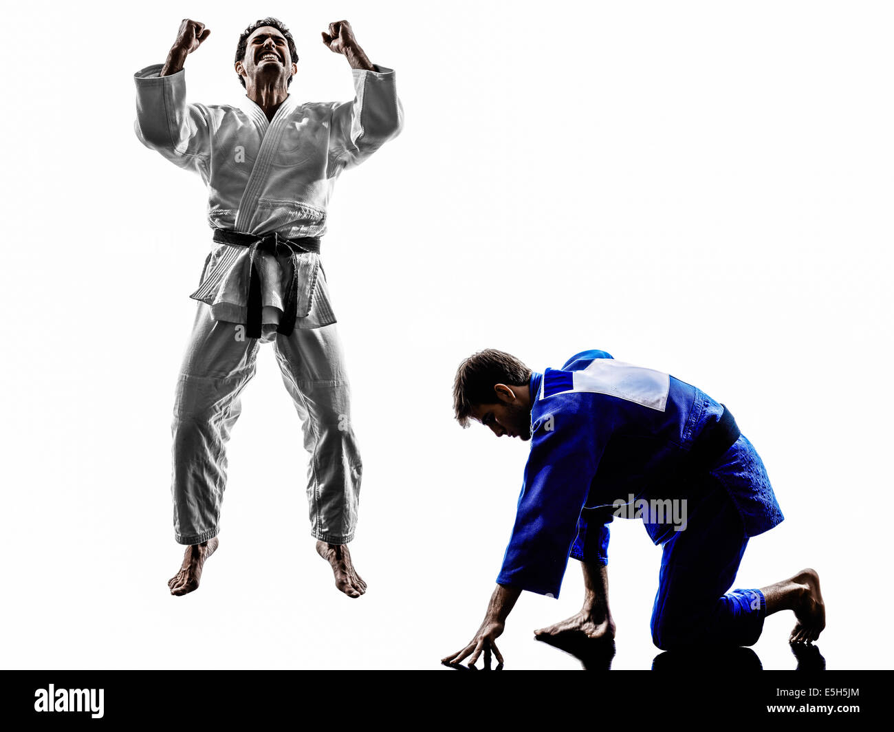 two judokas fighters fighting men in silhouette on white background ...