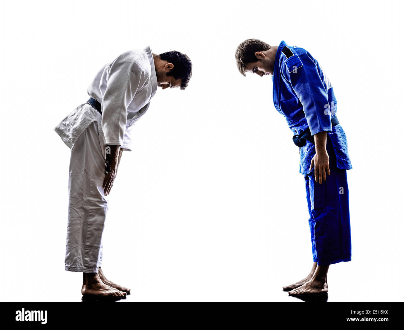 two judokas fighters fighting men in silhouette on white background ...